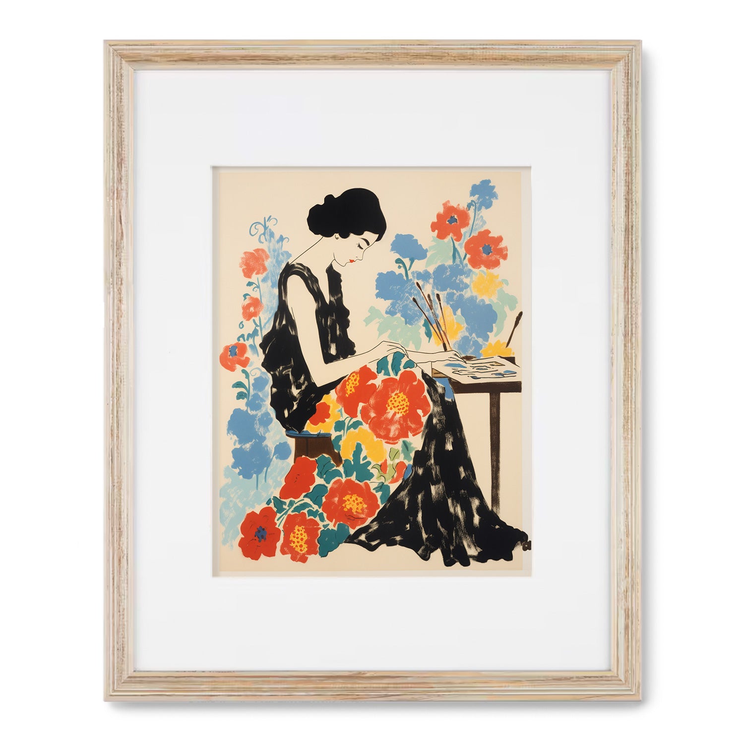 A vintage Sewing Some Kind of Wonderful wall art print of a woman sitting at a table with flowers by Stannie & Lloyd.