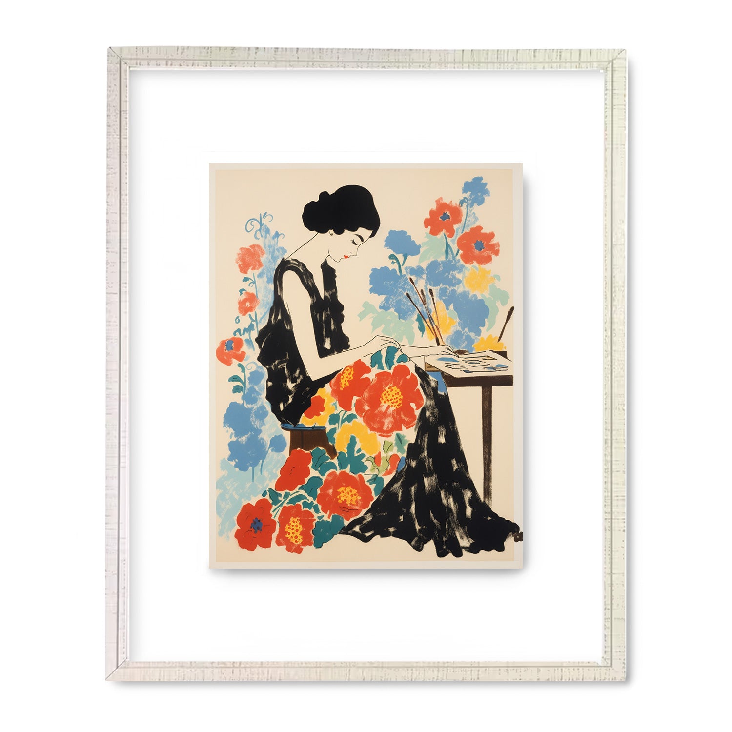 A vintage poster, Sewing Some Kind of Wonderful by Stannie & Lloyd, featuring a woman sitting at a table with flowers.