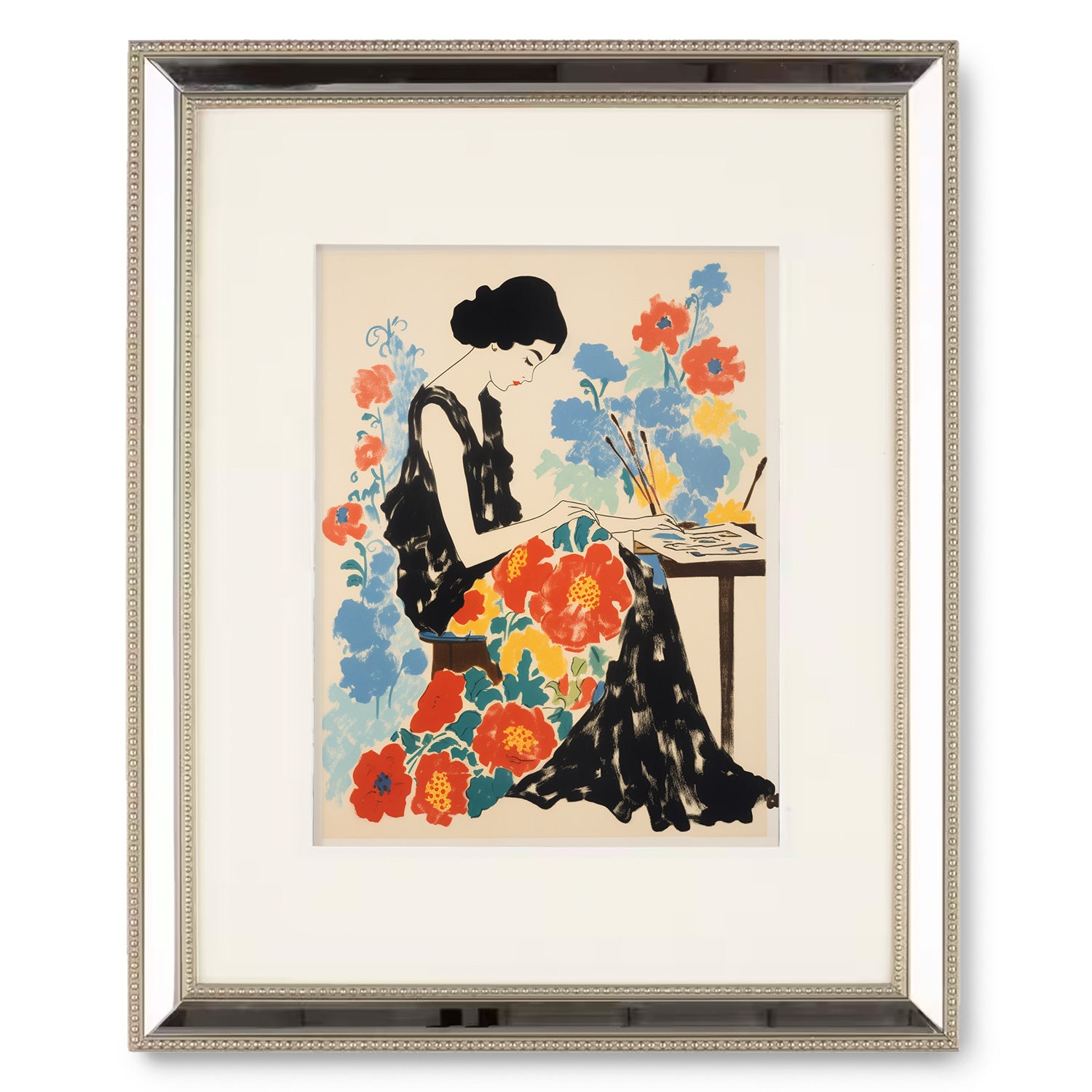 A vintage print of a woman sitting at a table adorned with flowers - perfect for your walls with Sewing Some Kind of Wonderful by Stannie & Lloyd.