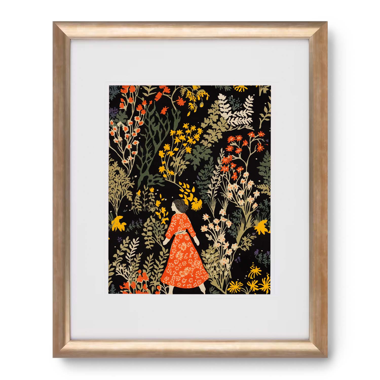 Art print of "the Secret Garden" by Stannie & Lloyd, depicting a stylized woman in an orange dress amidst a dense, colorful floral pattern on a black background, within a wooden frame. Perfect as a vintage poster for walls with art.