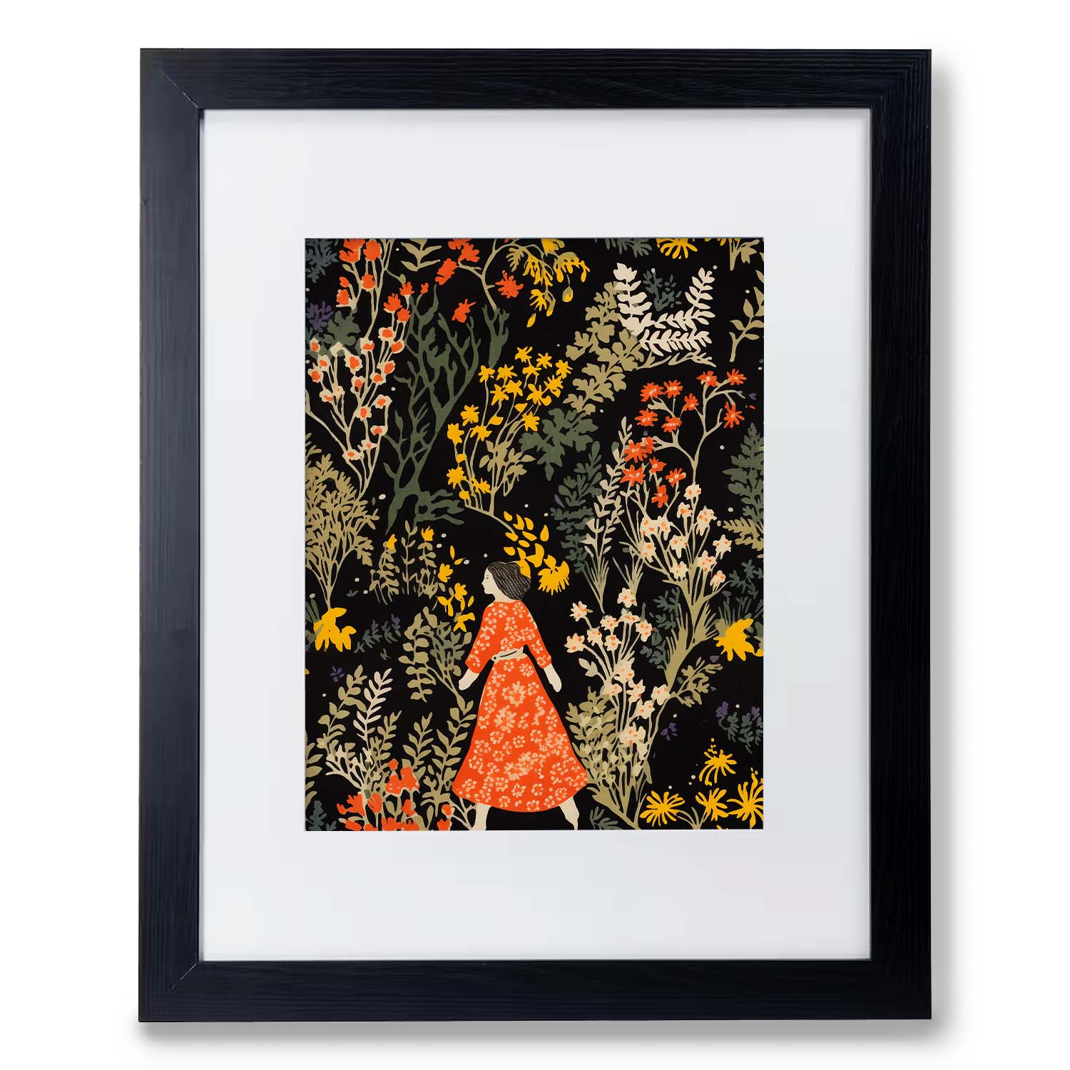 A framed vintage wall art illustration of a person in a red dress surrounded by colorful plants and flowers on a black background called "The Secret Garden" by Stannie & Lloyd.