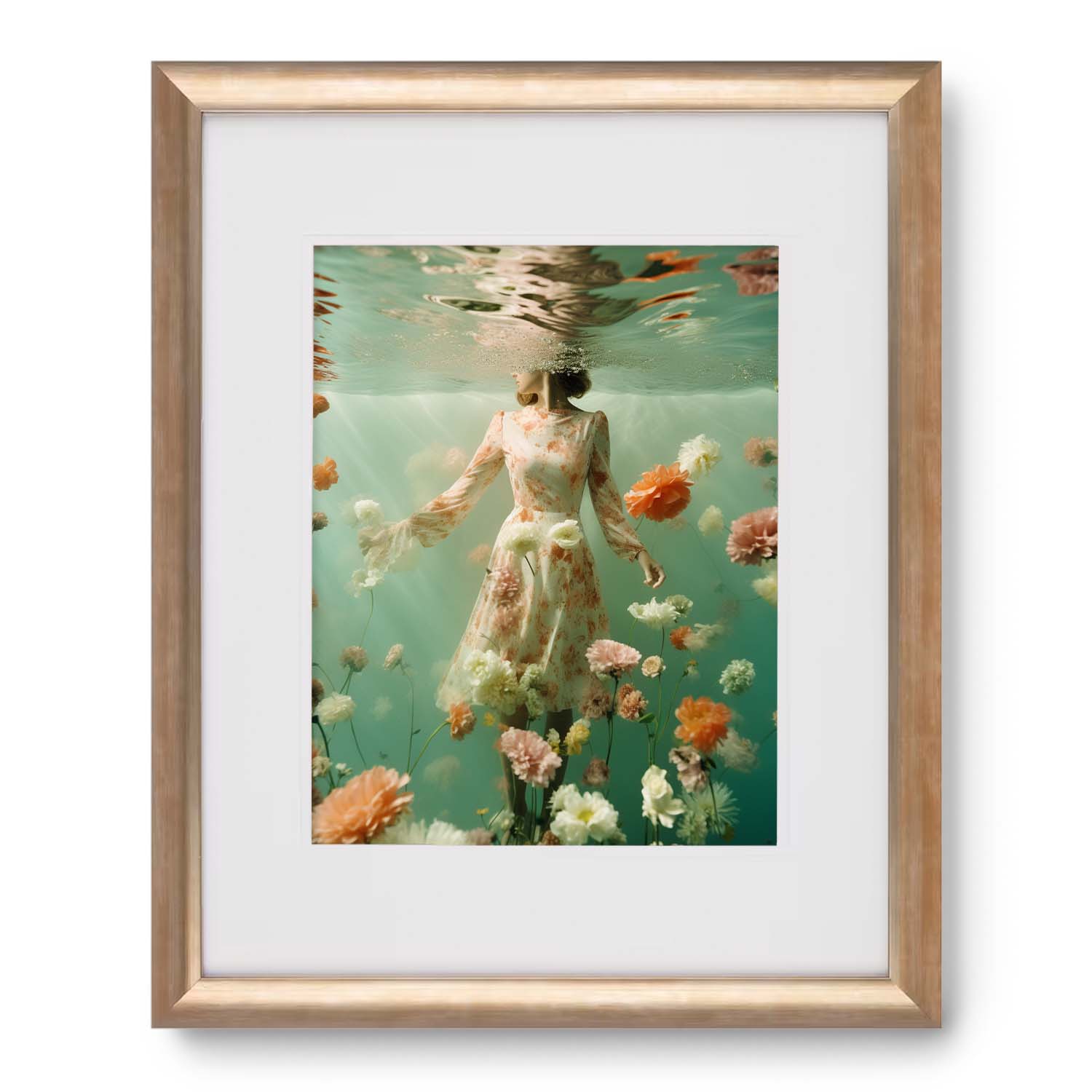 A beautiful framed She Drifted photograph of a woman surrounded by vibrant flowers. This mesmerizing Stannie & Lloyd framed art piece features a sturdy wood frame and includes hanging hardware for easy display.