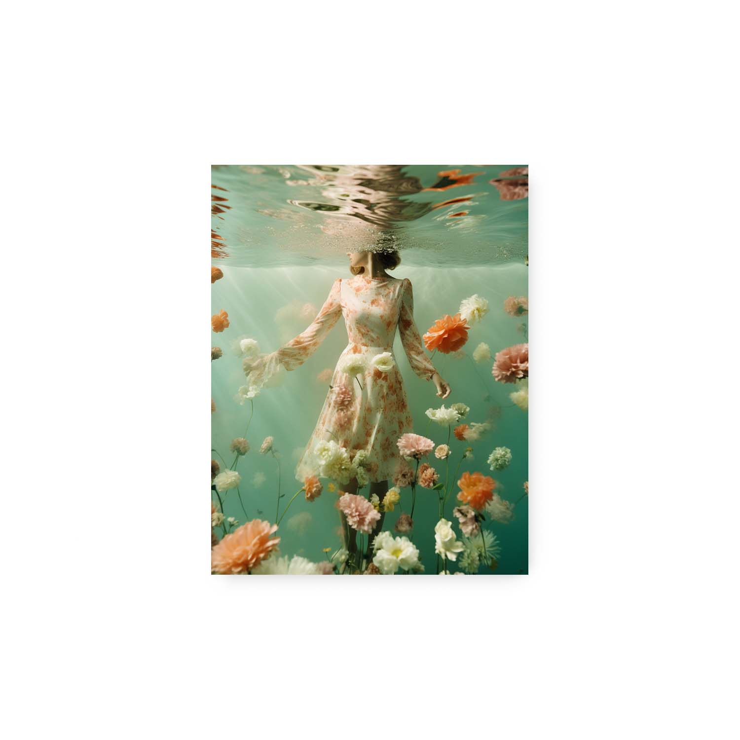 A She Drifted photo of a woman in a dress under water with flowers, displayed delicately in a Stannie & Lloyd frame with secure Hanging hardware.