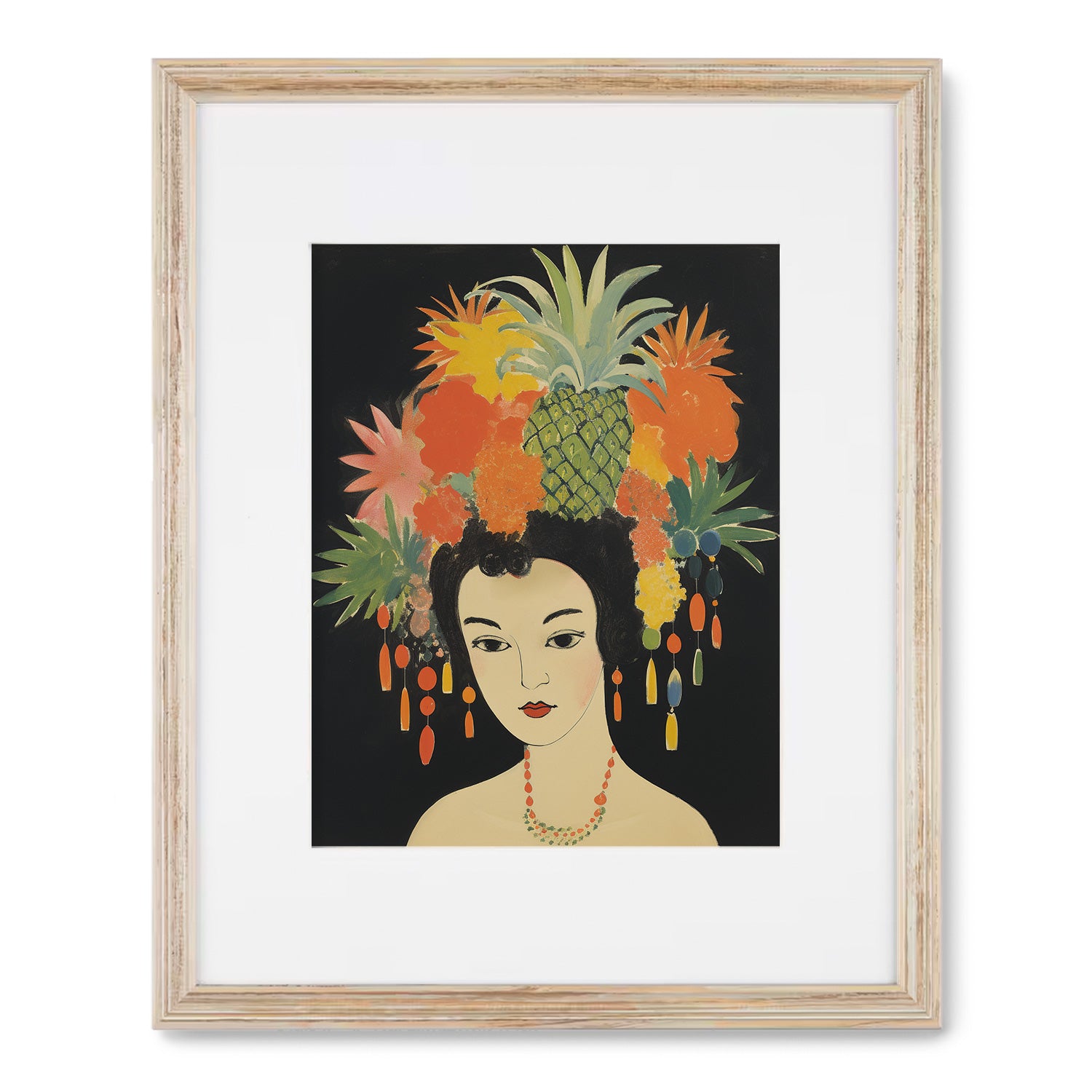 A vintage J'ai Deux Amours wall art print of a woman with pineapples on her head by Stannie & Lloyd.