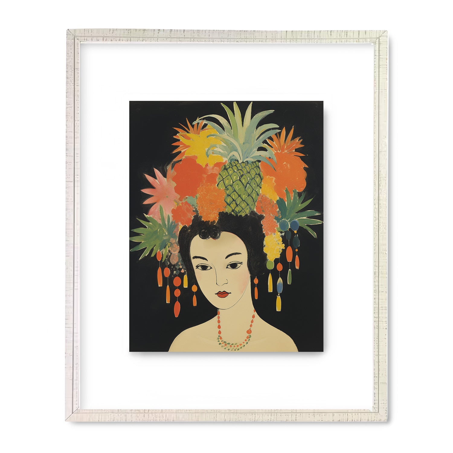 A vintage wall art print featuring a woman with J'ai Deux Amours pineapples on her head by Stannie & Lloyd.