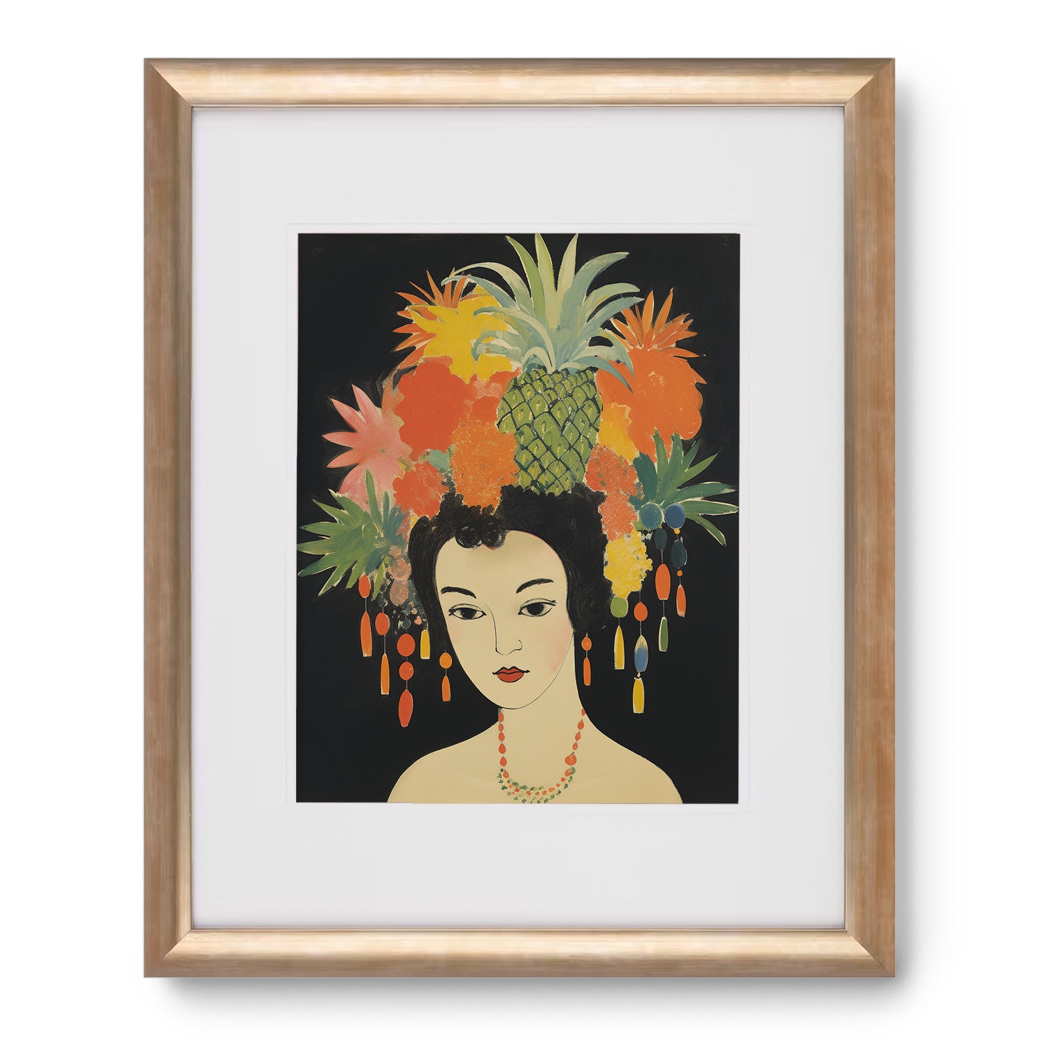 A J'ai Deux Amours wall art print featuring a woman with pineapples on her head by Stannie & Lloyd.