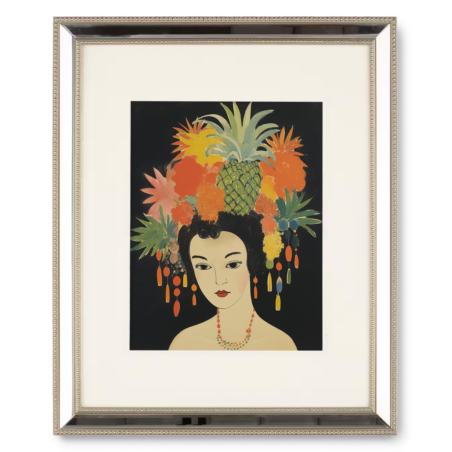 A vintage poster featuring a woman with J'ai Deux Amours pineapples on her head, perfect for adding artistic flair to your walls. Brand Name: Stannie & Lloyd