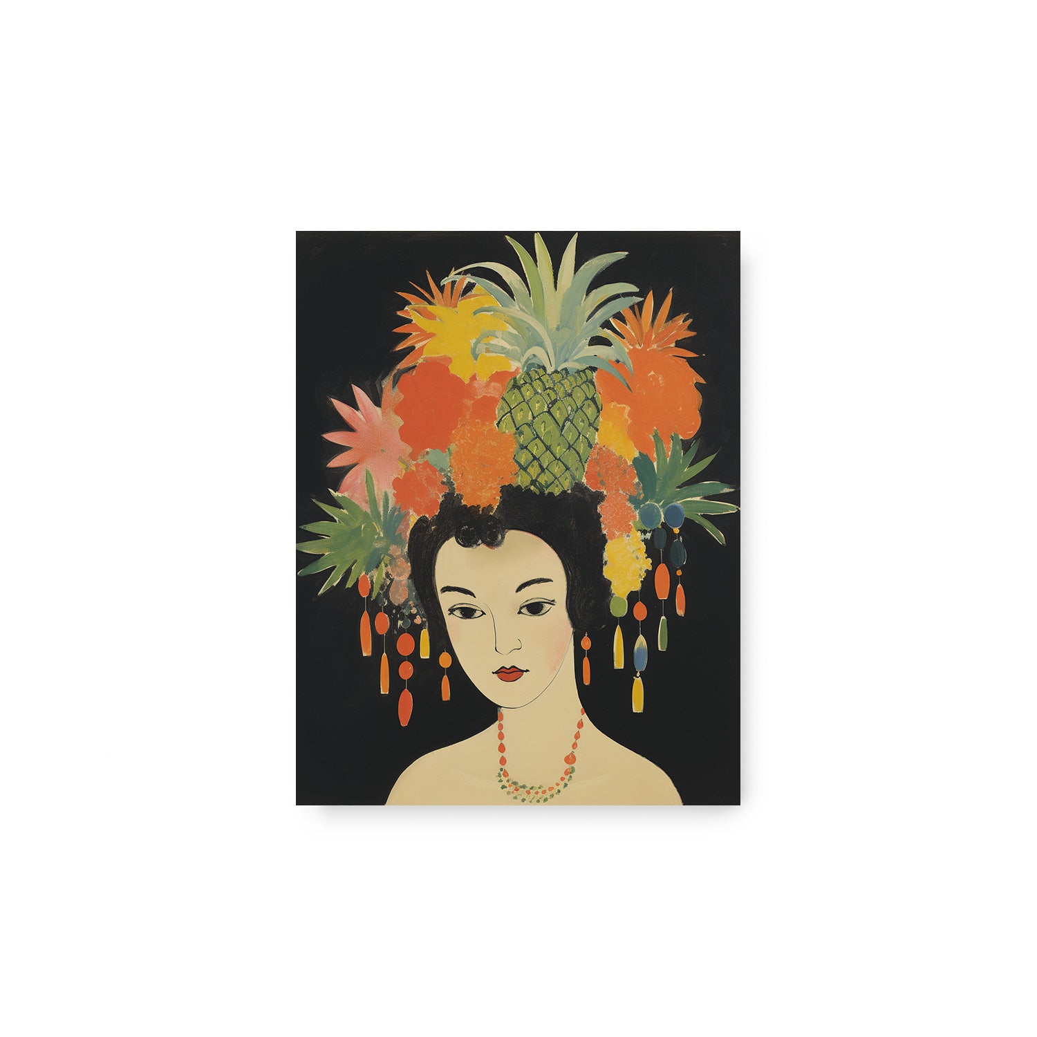 A J'ai Deux Amours vintage poster depicting a woman adorned with pineapples on her head by Stannie & Lloyd.