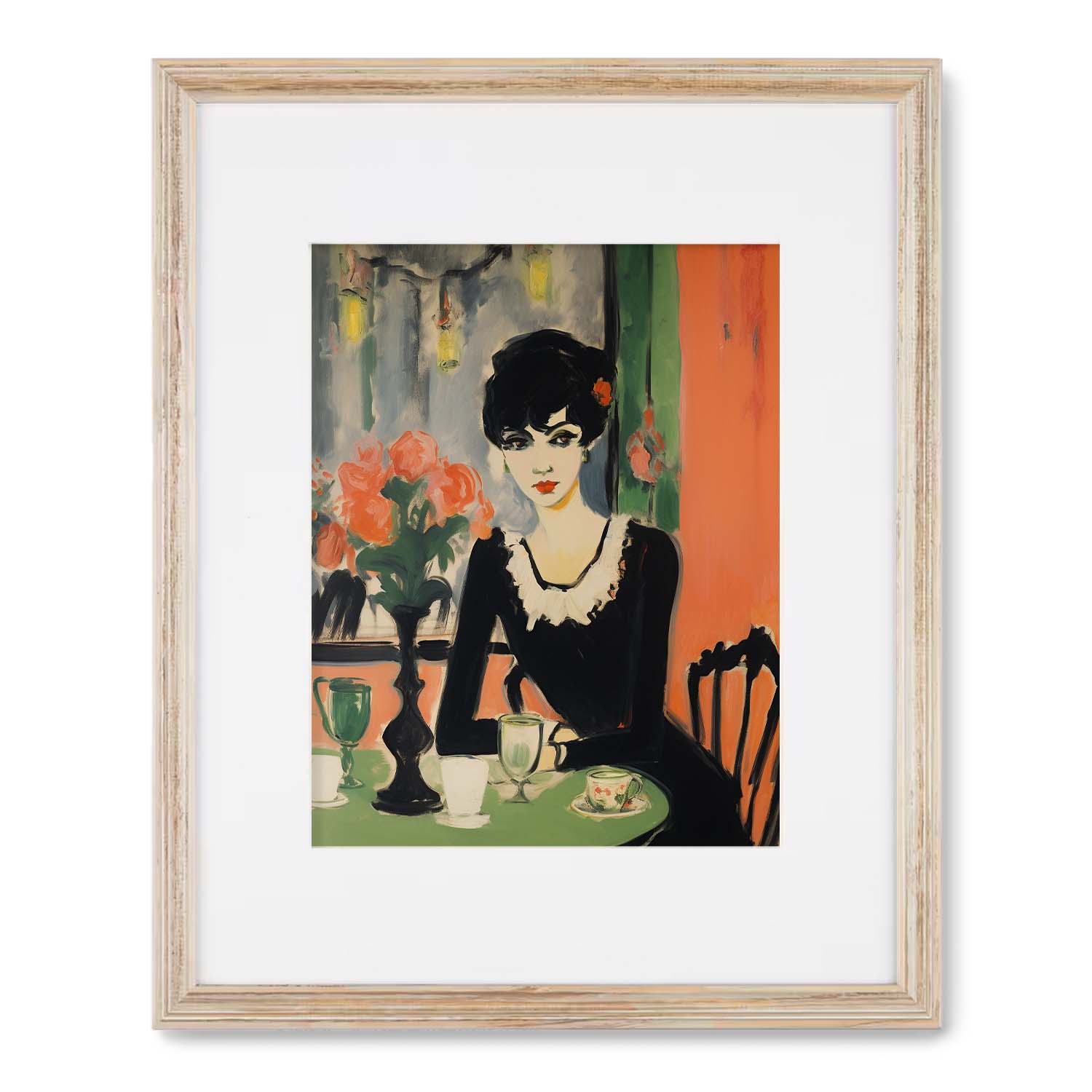 Elegant wall art prints of "Brunch Date" by Stannie & Lloyd, featuring a stylized woman seated at a table with a floral backdrop.