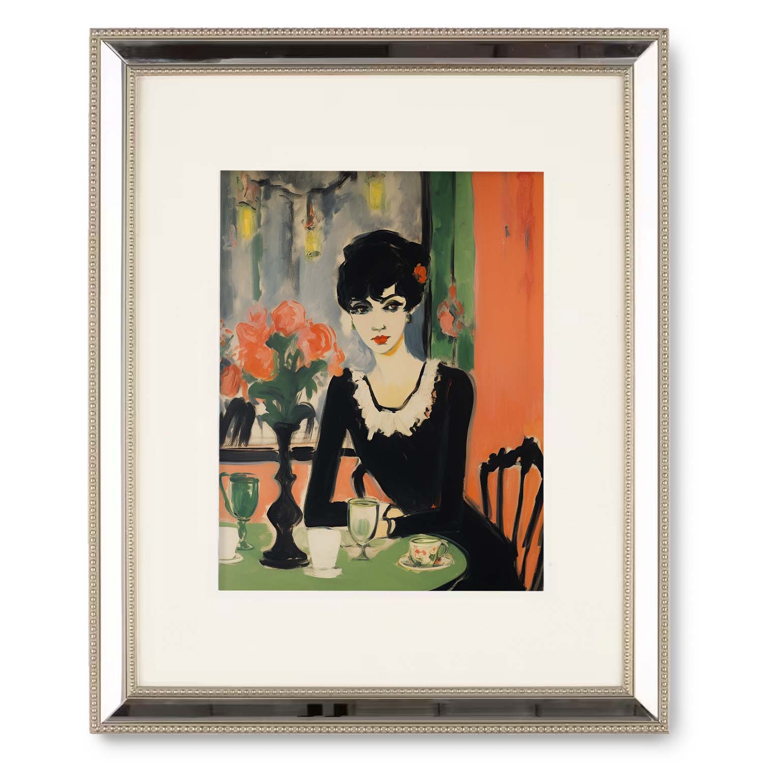 Elegant portrait of a woman at a cafe table, framed in silver, now available as Stannie & Lloyd's Brunch Date vintage wall art.