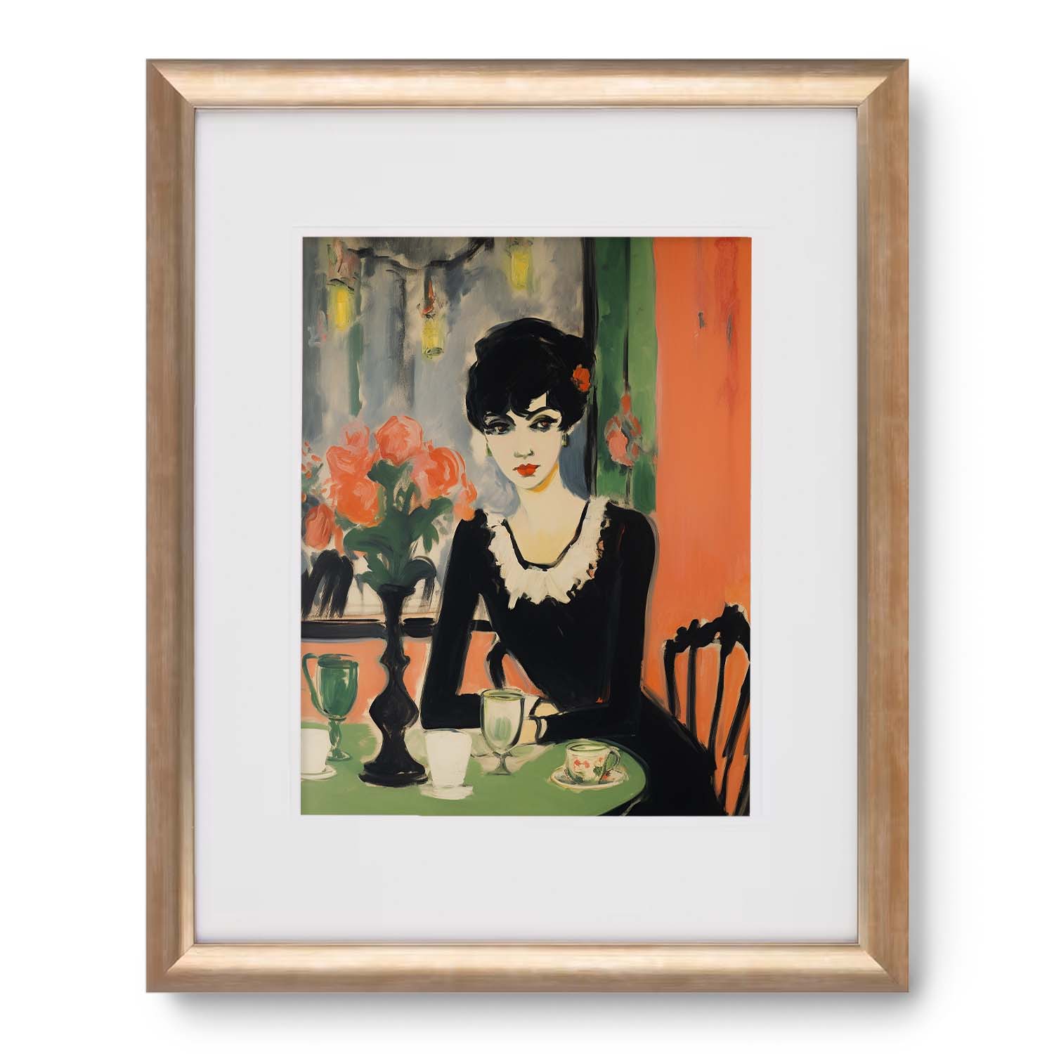 Elegant lady seated at a table with flowers, depicted in a modernist painting style, presented as wall art prints of "Brunch Date" by Stannie & Lloyd, framed with a wooden border.