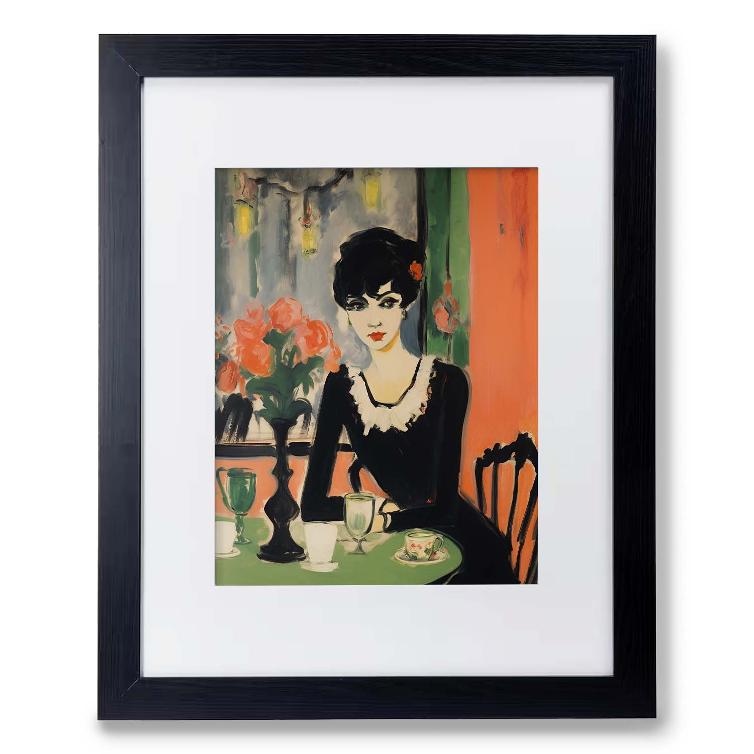 Elegant vintage poster of a stylized woman at a café table, framed in black for the Stannie & Lloyd Brunch Date.