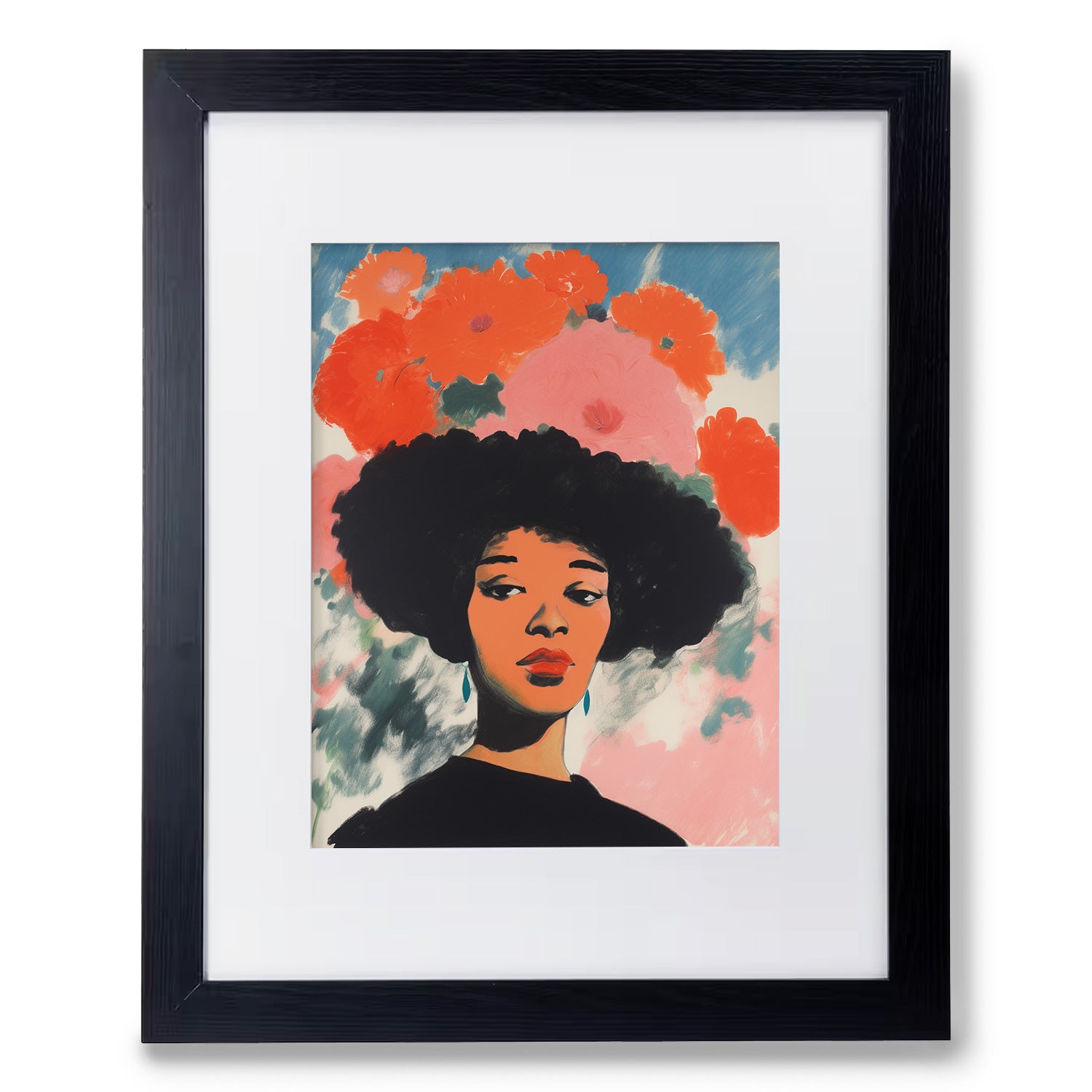 A black framed print of "Knowing in Technicolor" by Stannie & Lloyd, a woman with an afro hat, perfect for wall art prints.