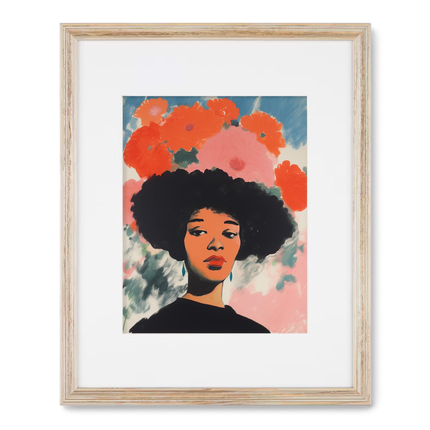 A black woman with an afro adorned with flowers, depicted in a vibrant Knowing in Technicolor poster or wall art print by Stannie & Lloyd.