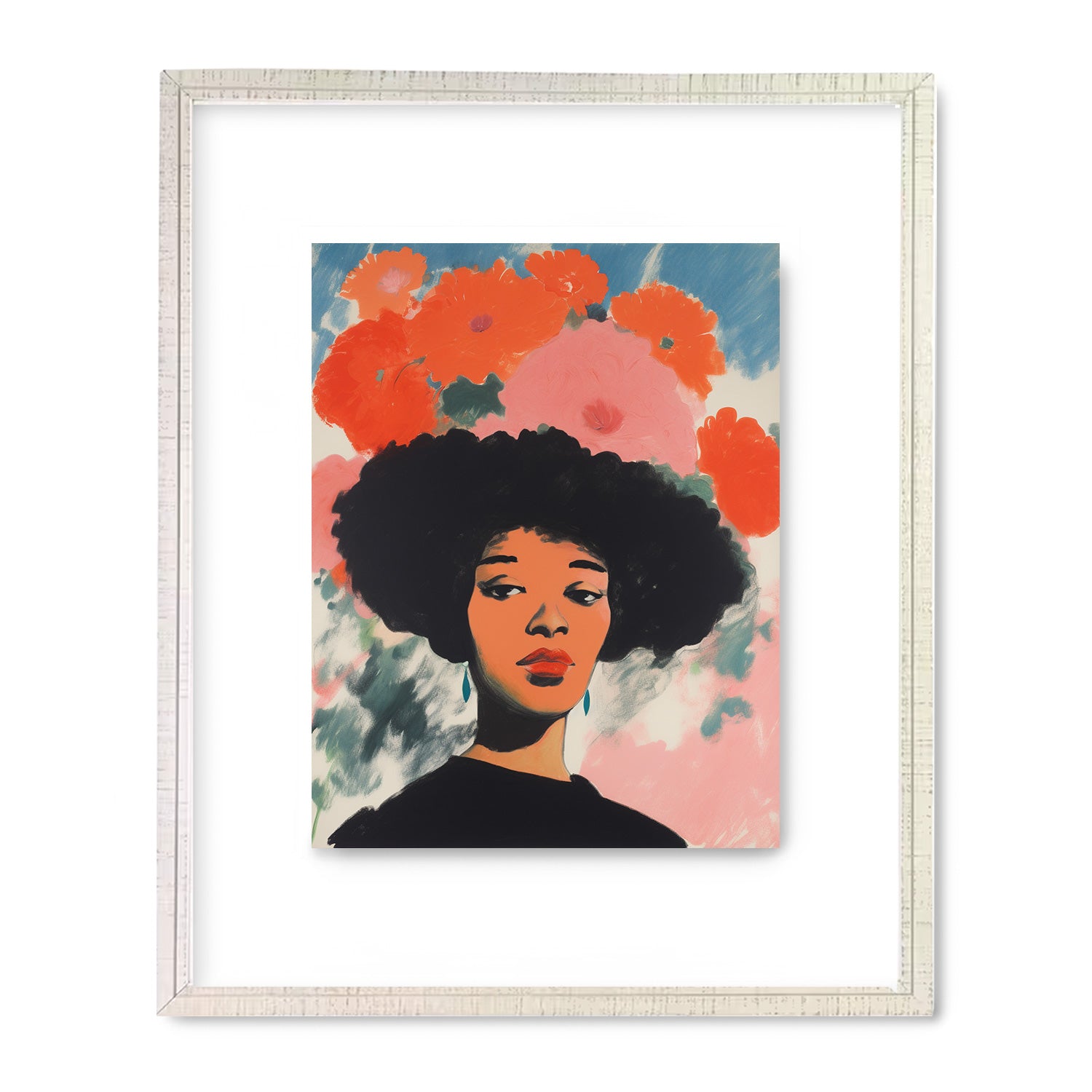 A black woman with afro hair in a white frame showcasing Knowing in Technicolor by Stannie & Lloyd vintage wall art.