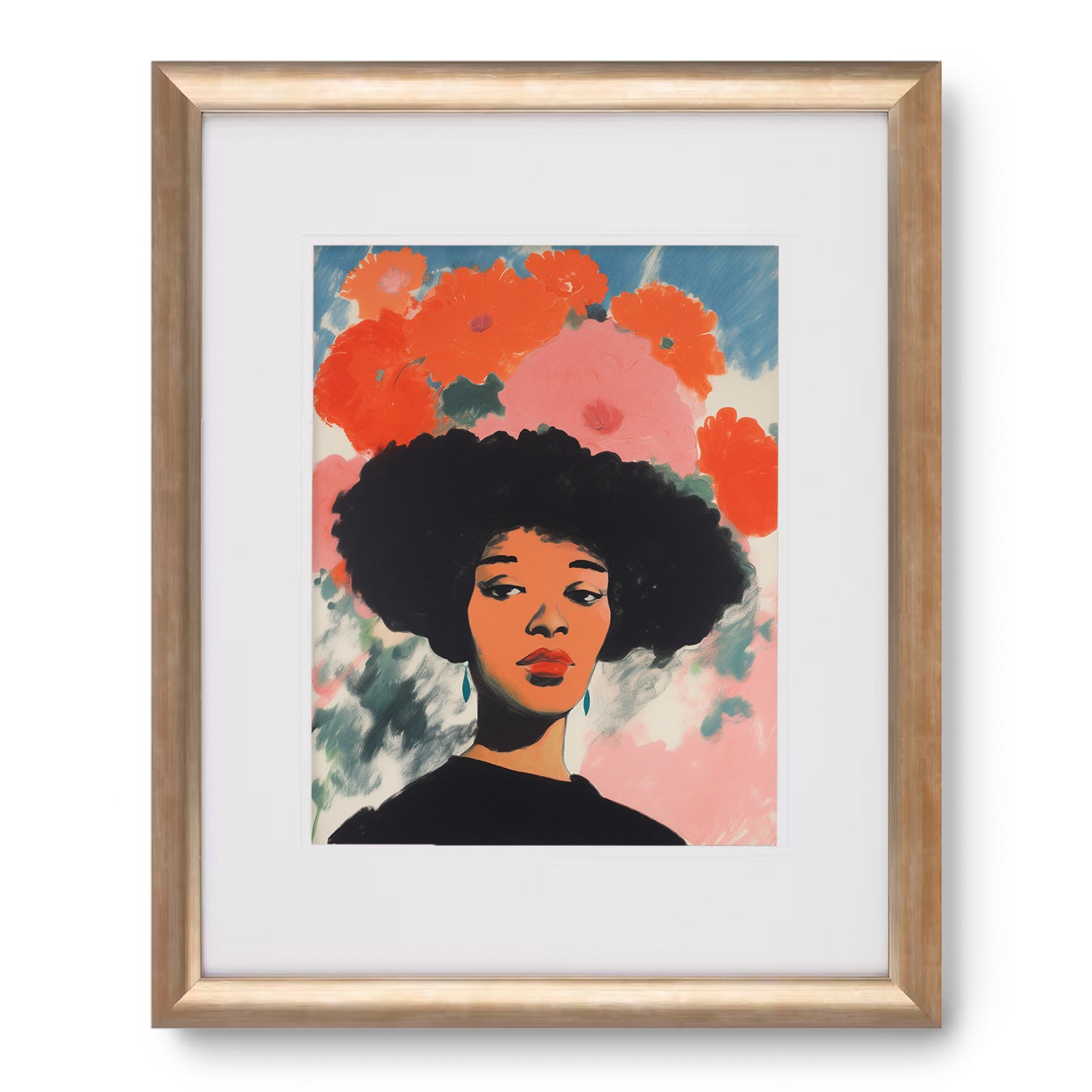 A vintage poster featuring a black woman with an afro in a gold framed print, known as "Knowing in Technicolor" by Stannie & Lloyd.