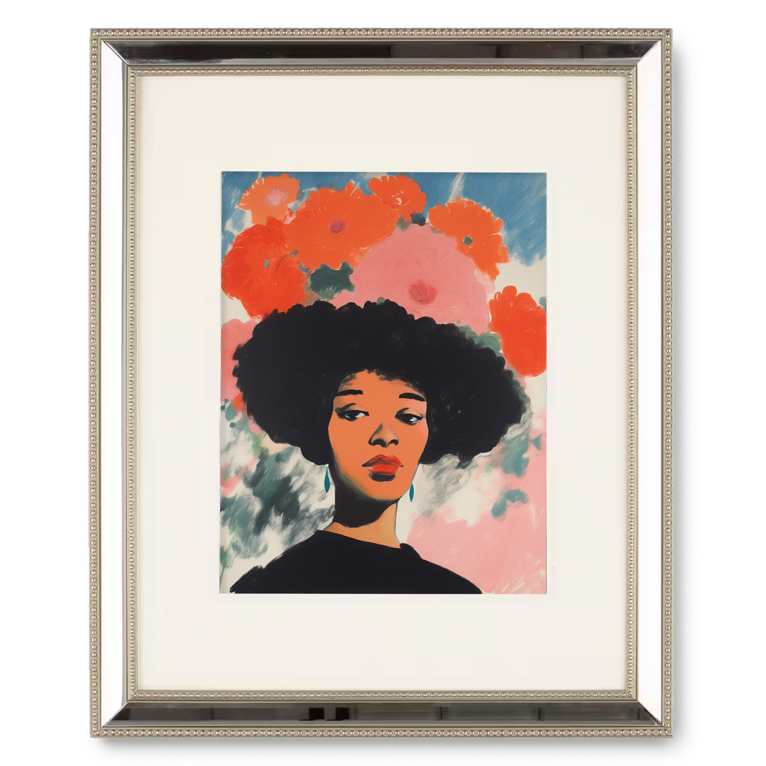 A vintage framed print of "Knowing in Technicolor" by Stannie & Lloyd, featuring a woman with an afro.