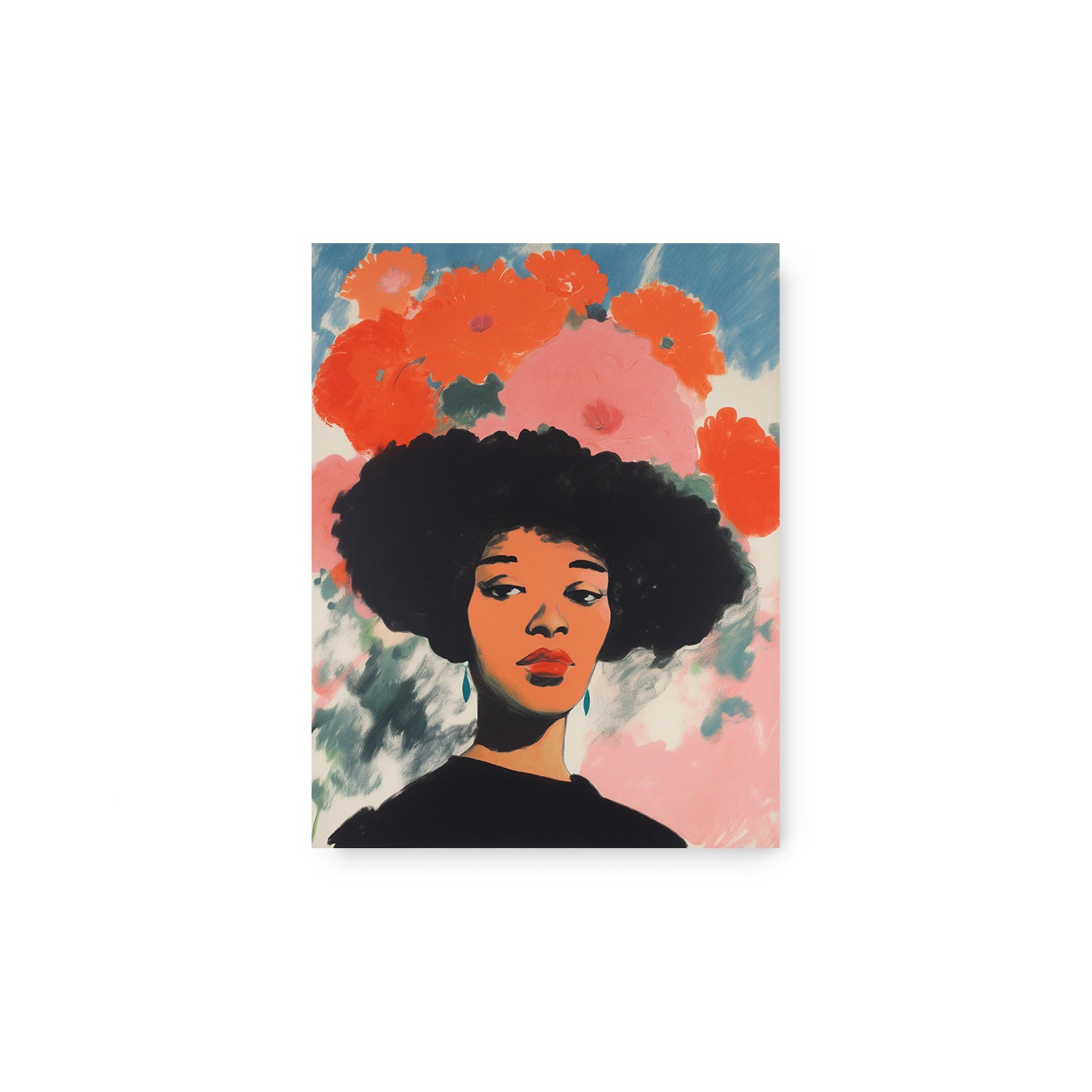 A black woman with an afro adorned with flowers, featured in a vintage poster promoting Knowing in Technicolor by Stannie & Lloyd.