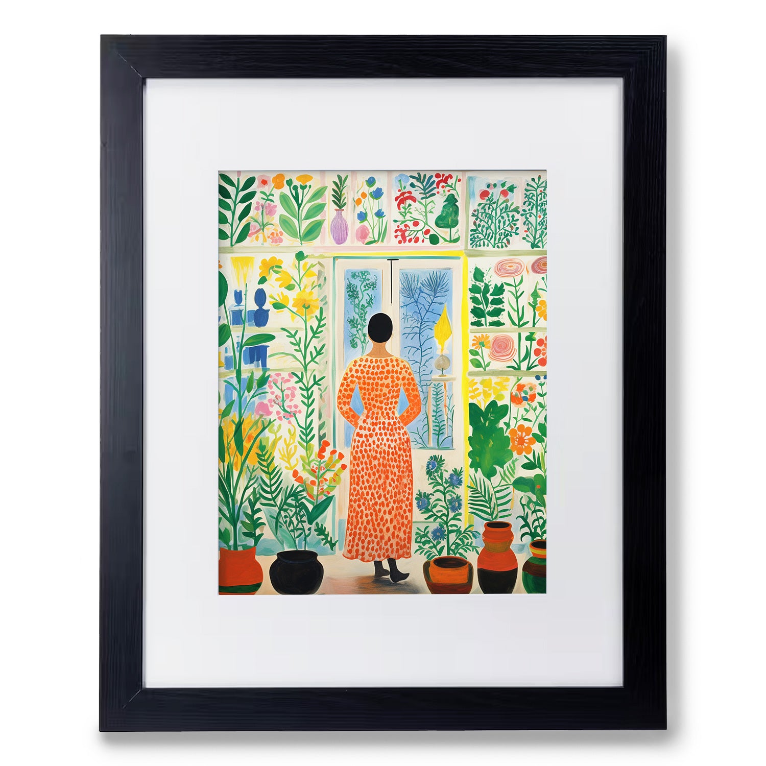 A "Overwintering Garden" framed print of a woman looking out of a window, perfect for decorating your walls with art.