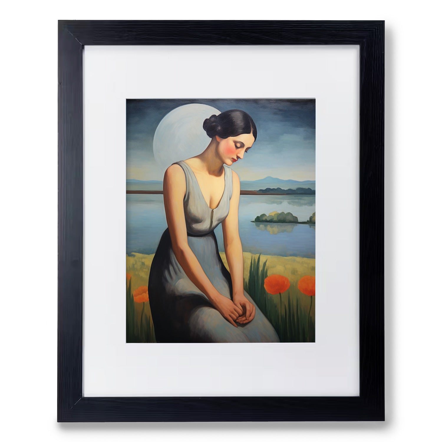 A Moving Paradise framed print of a woman in a blue dress, perfect for Stannie & Lloyd wall art prints.