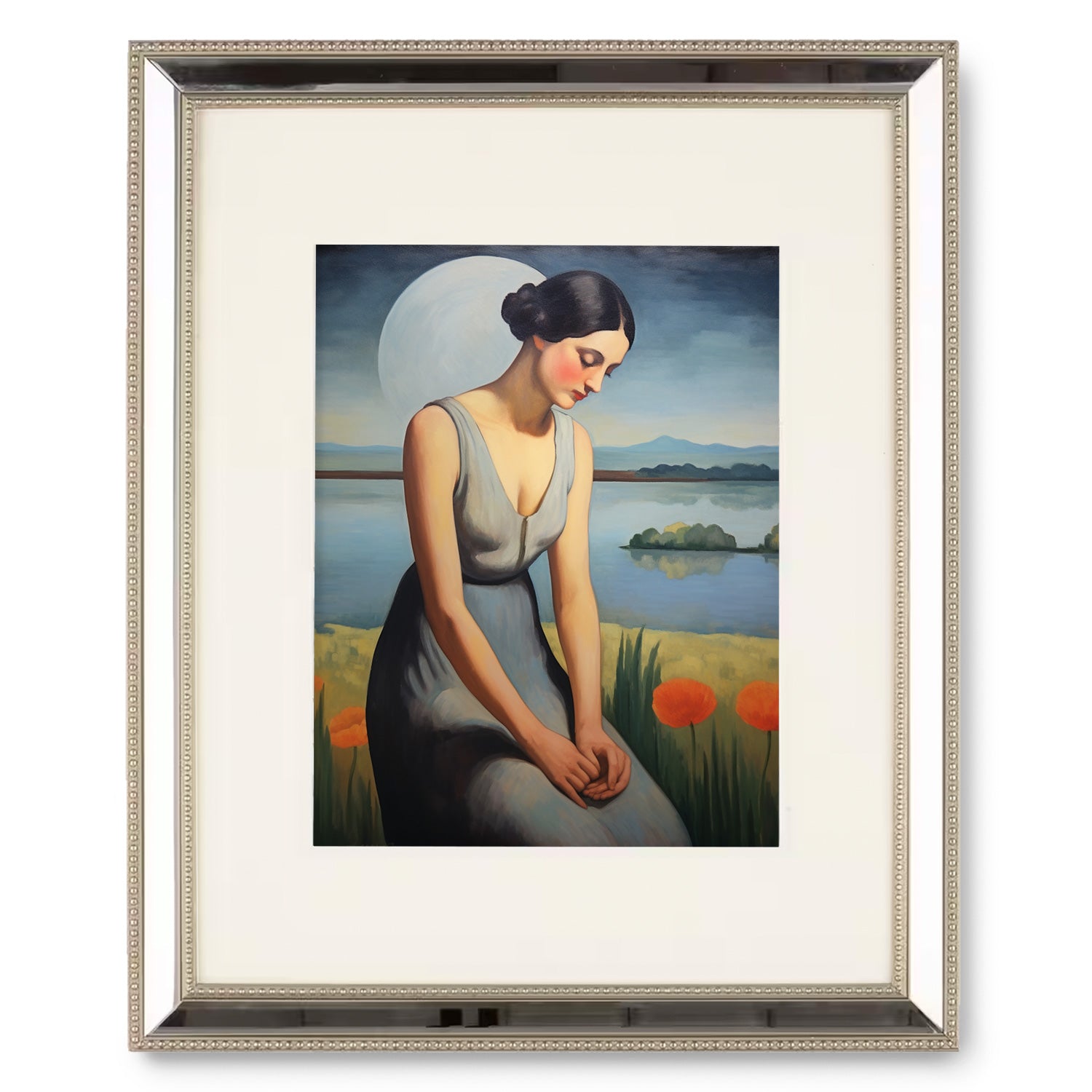 A vintage wall art print of Moving Paradise by Stannie & Lloyd, depicting a woman in a blue dress with a moon in the background.