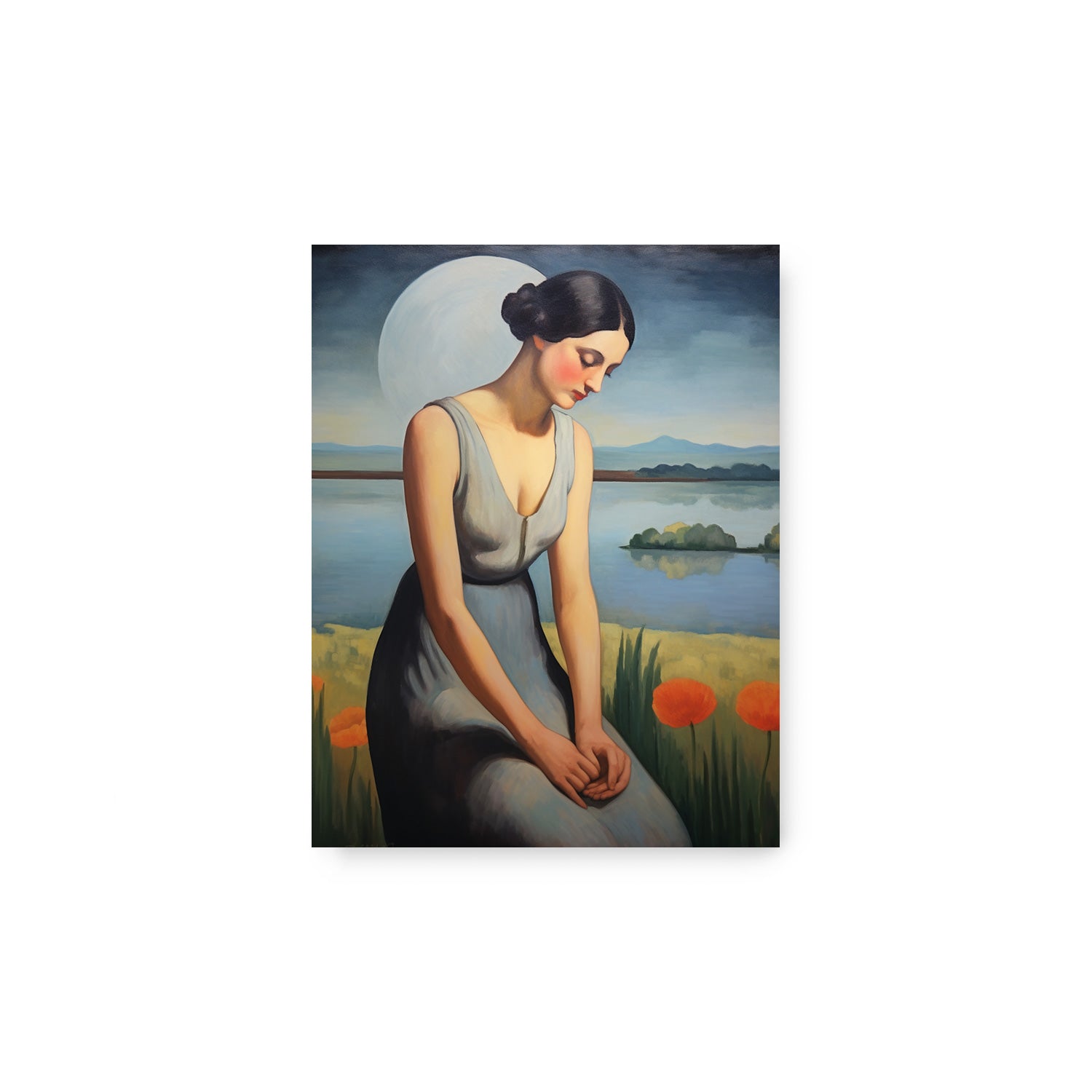 An exquisite Moving Paradise wall art print capturing the soft glow of the moon as it illuminates a captivating portrait of a woman by Stannie & Lloyd.