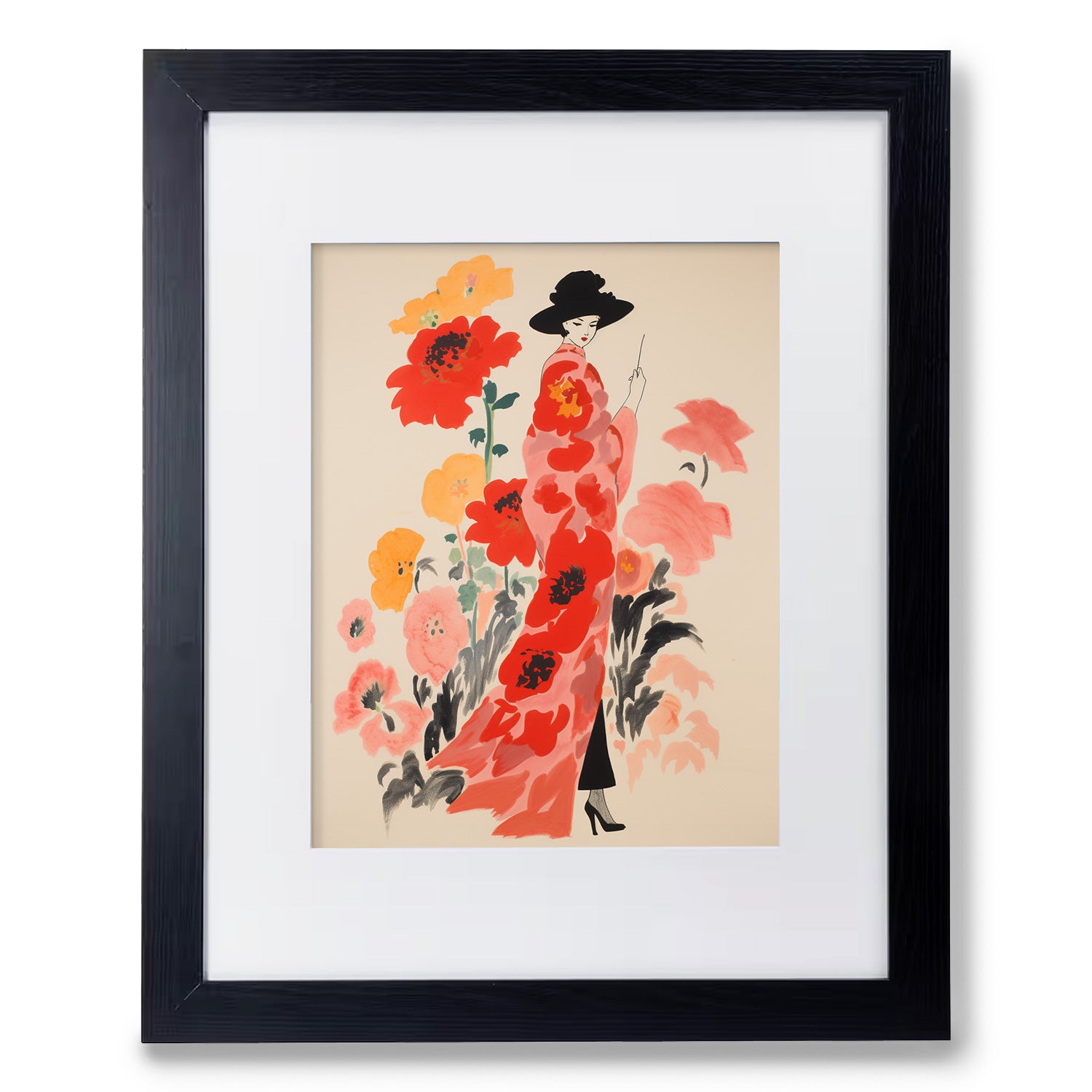 A vintage Rêves wall art print of a woman in a red dress with flowers by Stannie & Lloyd.