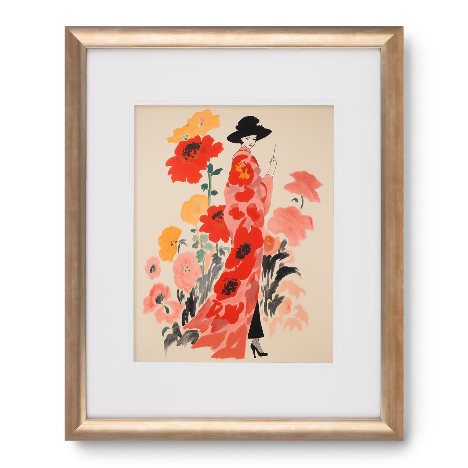 A vintage framed print of a woman in a red dress with flowers, the Rêves by Stannie & Lloyd.