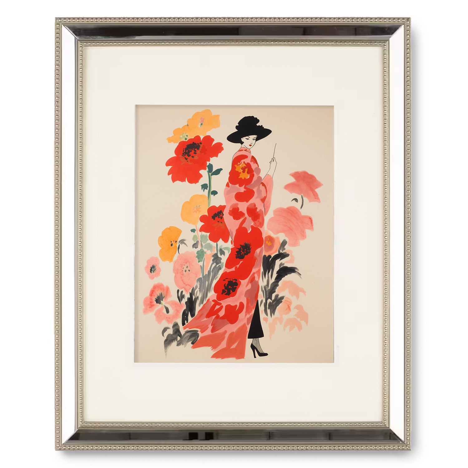 A vintage Rêves wall art print of a woman in a red dress with flowers by Stannie & Lloyd.