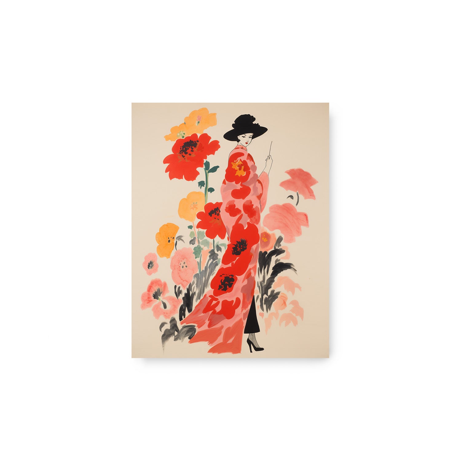 A Rêves wall art print featuring a woman in a red dress surrounded by flowers from Stannie & Lloyd.