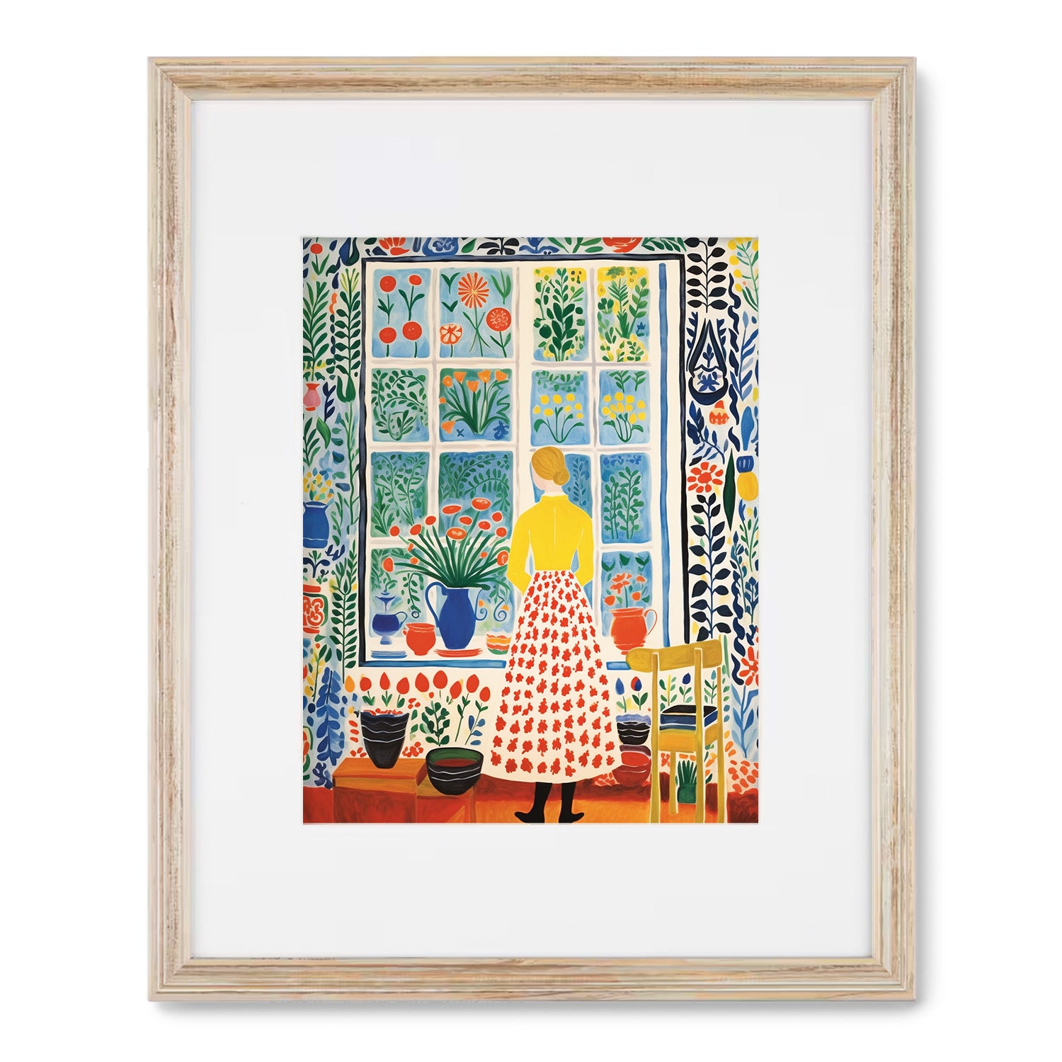 A vintage print of "The Stillness of Sunday Afternoon" by Stannie & Lloyd, featuring a woman looking out of a window.