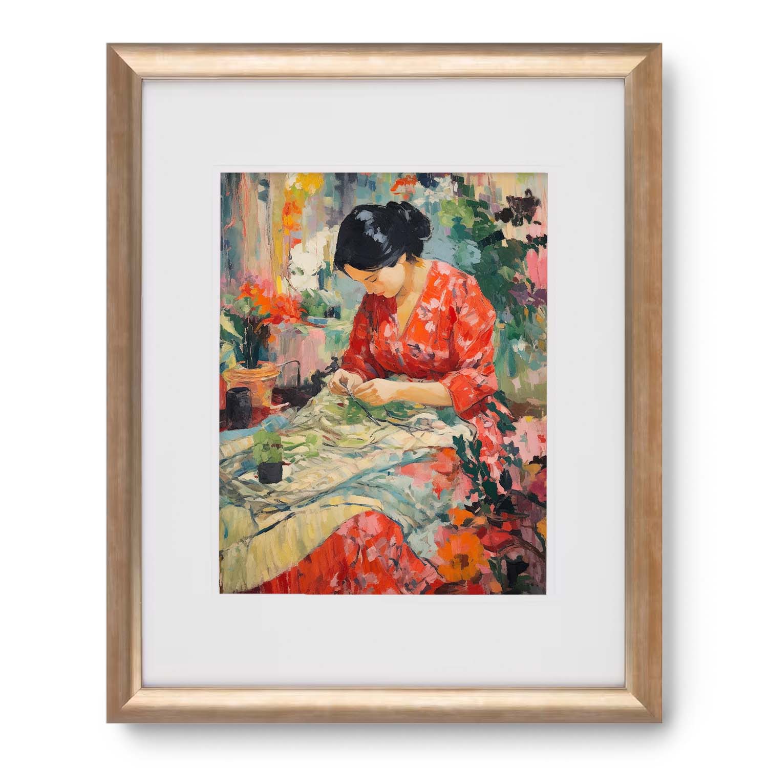 A framed Women's Work vintage wall art depicting a woman in a red dress sewing by a table with floral surroundings by Stannie & Lloyd.