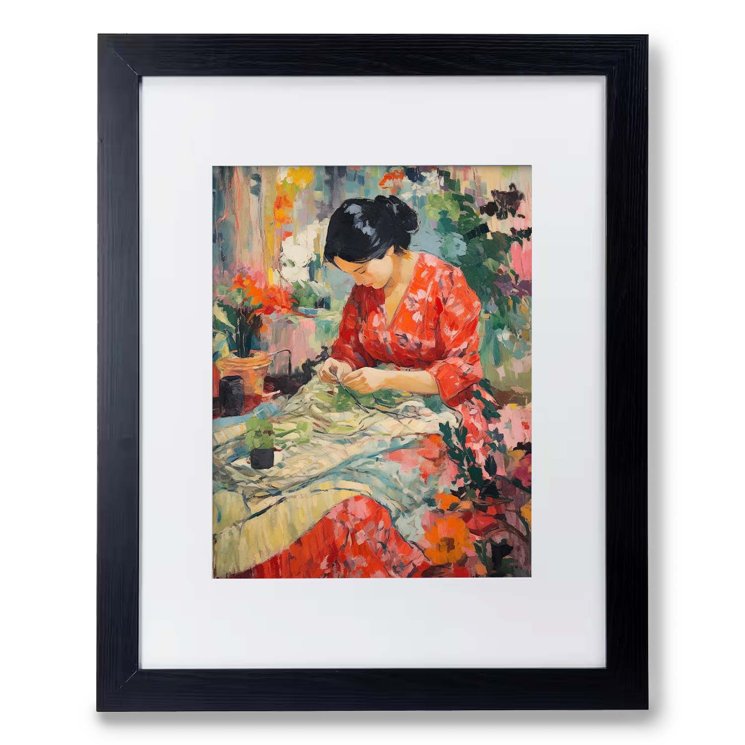 A framed wall art print of "Women's Work" by Stannie & Lloyd, depicting a woman sewing by a table adorned with flowers.