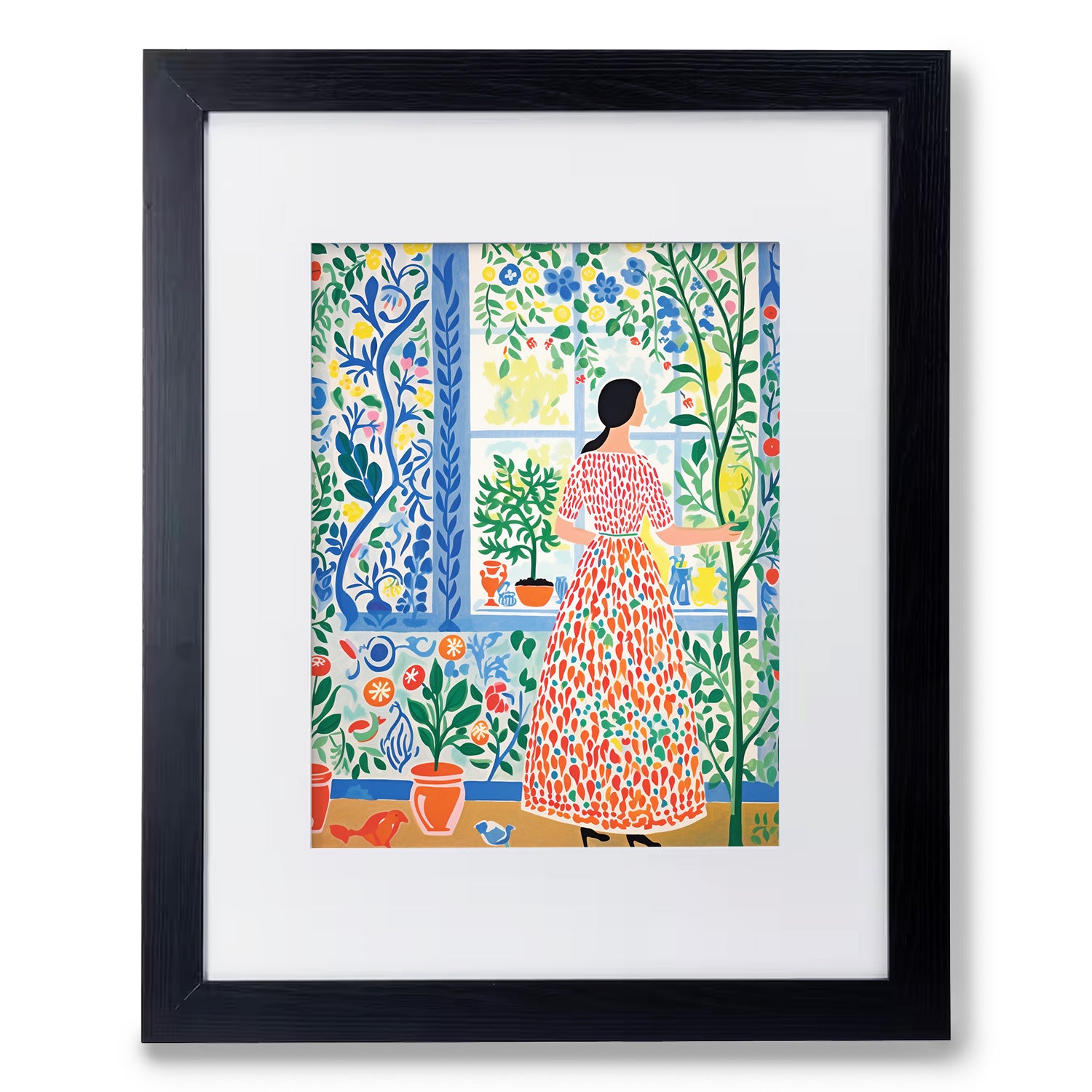 A Stannie & Lloyd framed print of "Afternoon in Summer," featuring a woman in a red dress looking out of a window, perfect as wall art for the living room.