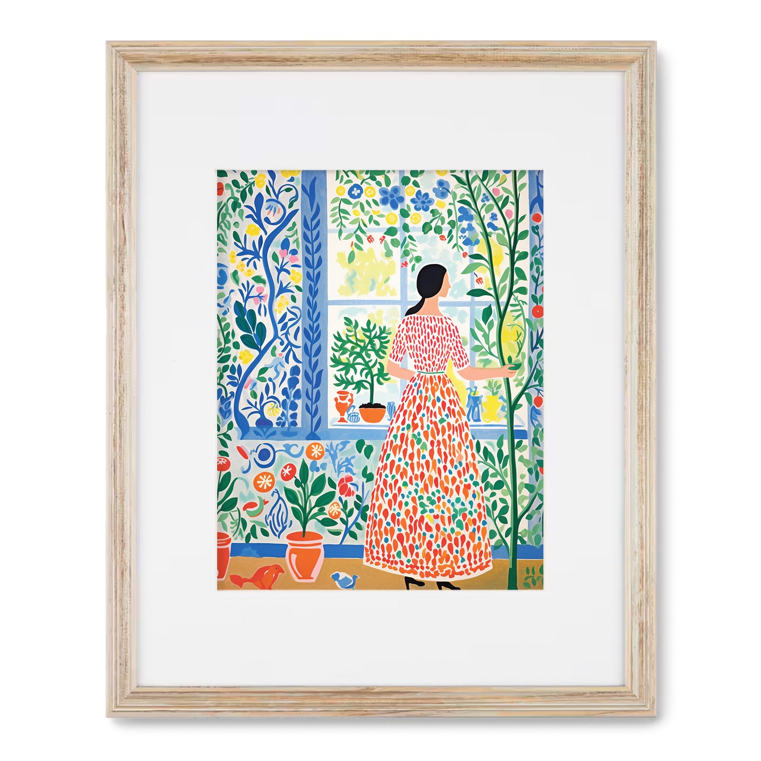 A framed print of "Afternoon in Summer" by Stannie & Lloyd, depicting a woman in a dress standing in front of a window, adding artistic flair to your walls.