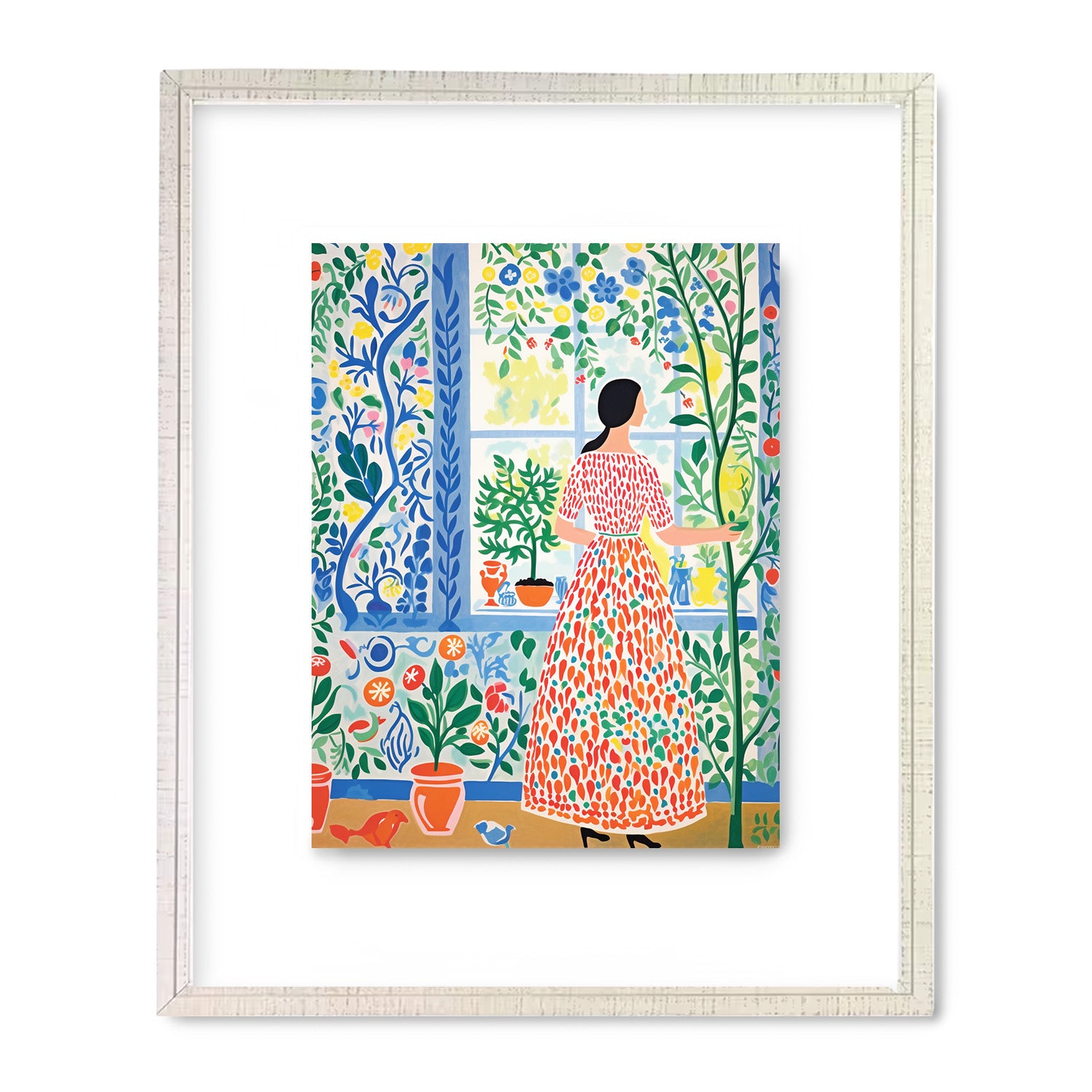 A framed print of "Afternoon in Summer" by Stannie & Lloyd, featuring a woman in a dress standing in front of a window, perfect for wall art in living rooms or as minimalist decor.