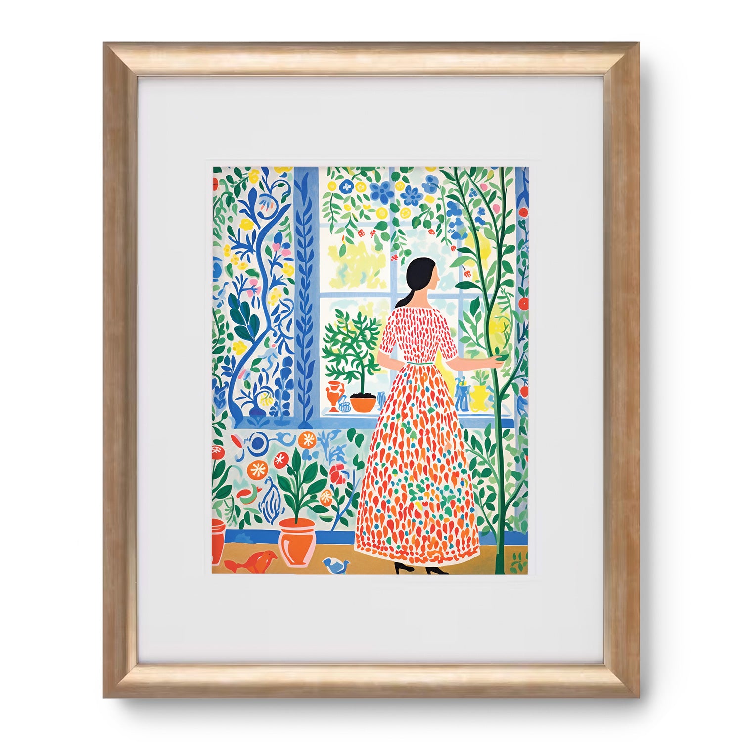 A maximalist wall decor featuring a framed print of "Afternoon in Summer" by Stannie & Lloyd, depicting a woman in a dress looking out of a window.