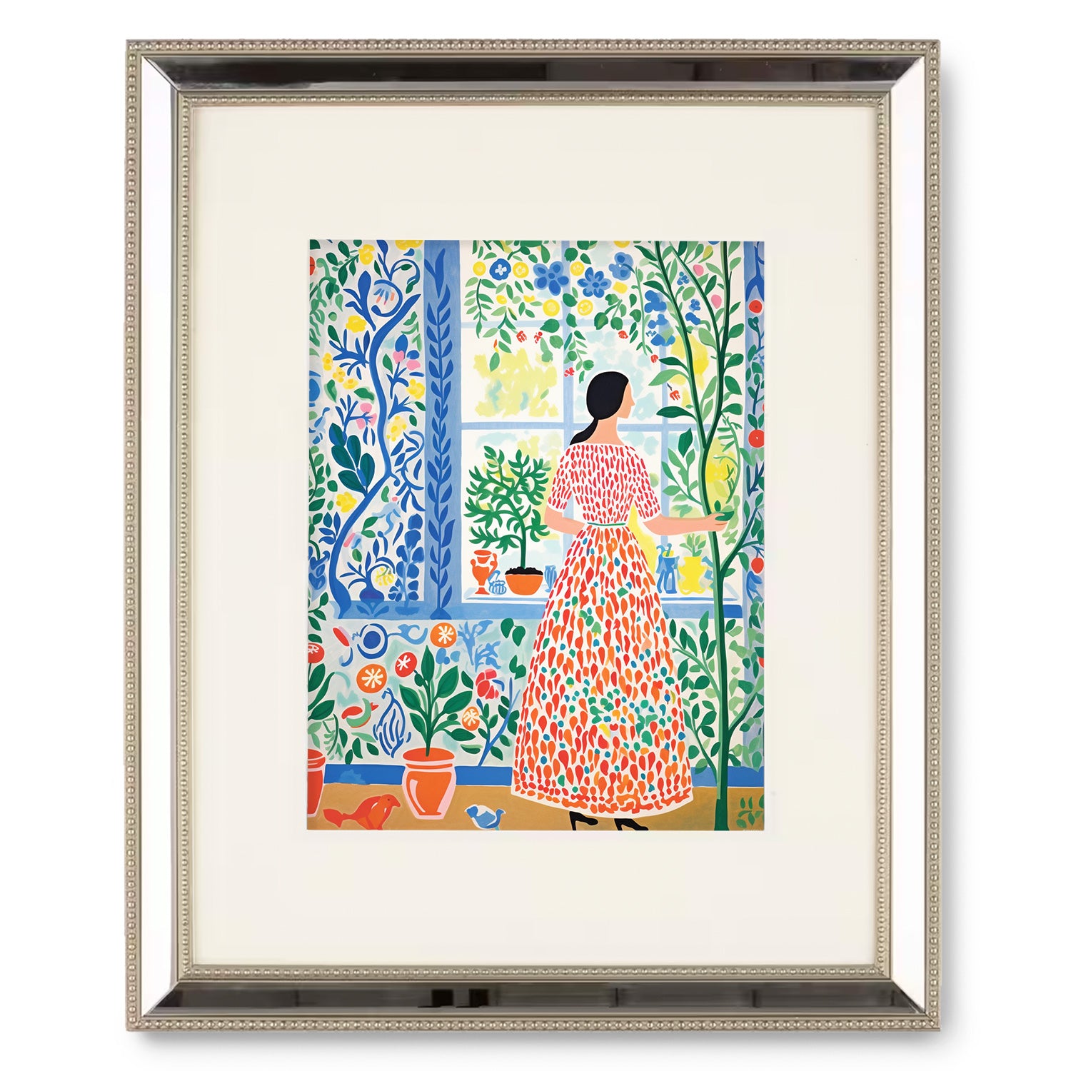 An art print of "Afternoon in Summer" by Stannie & Lloyd, featuring a woman in a red dress standing in front of a window, perfect for maximalist decor.