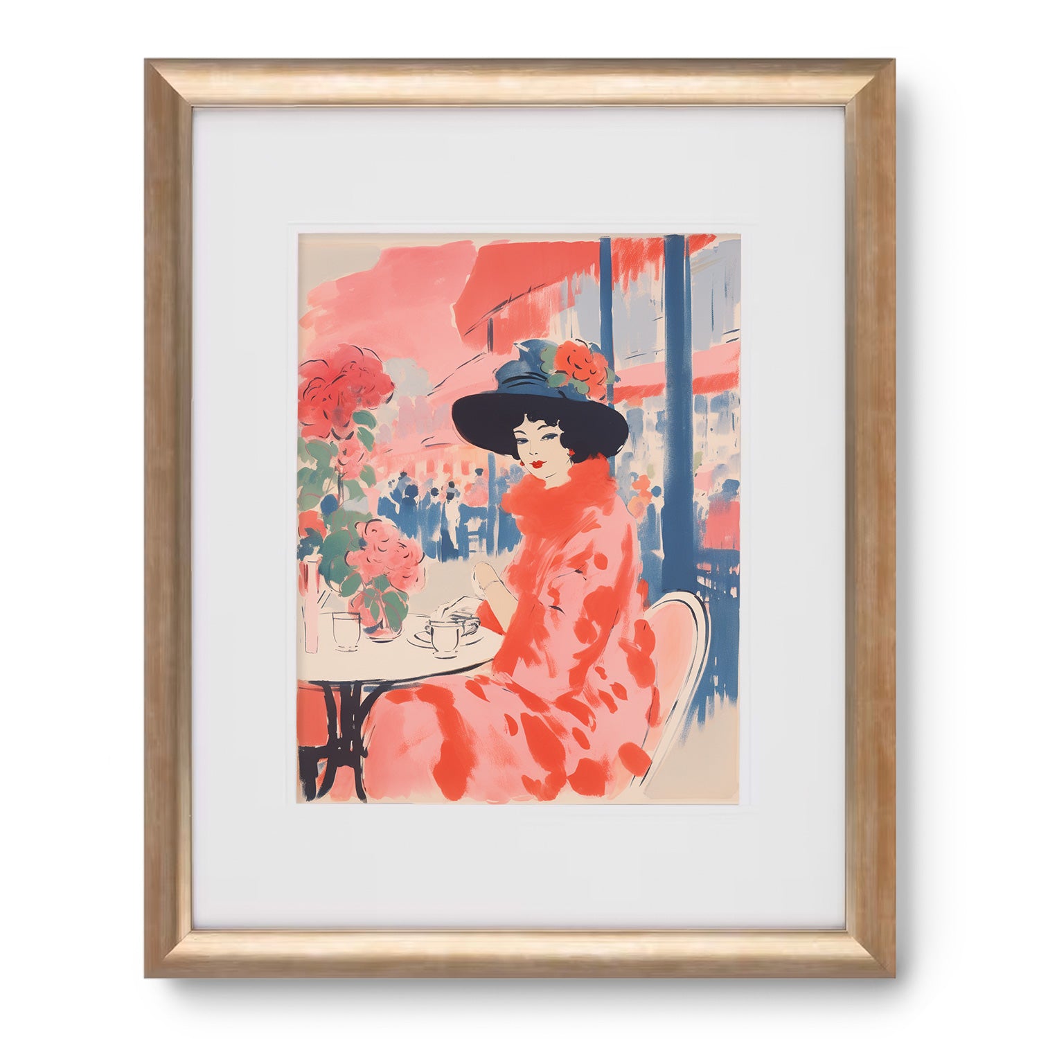 A framed print of The Brunch by Stannie & Lloyd, featuring a woman in a hat sitting at a table, perfect for art and print enthusiasts.