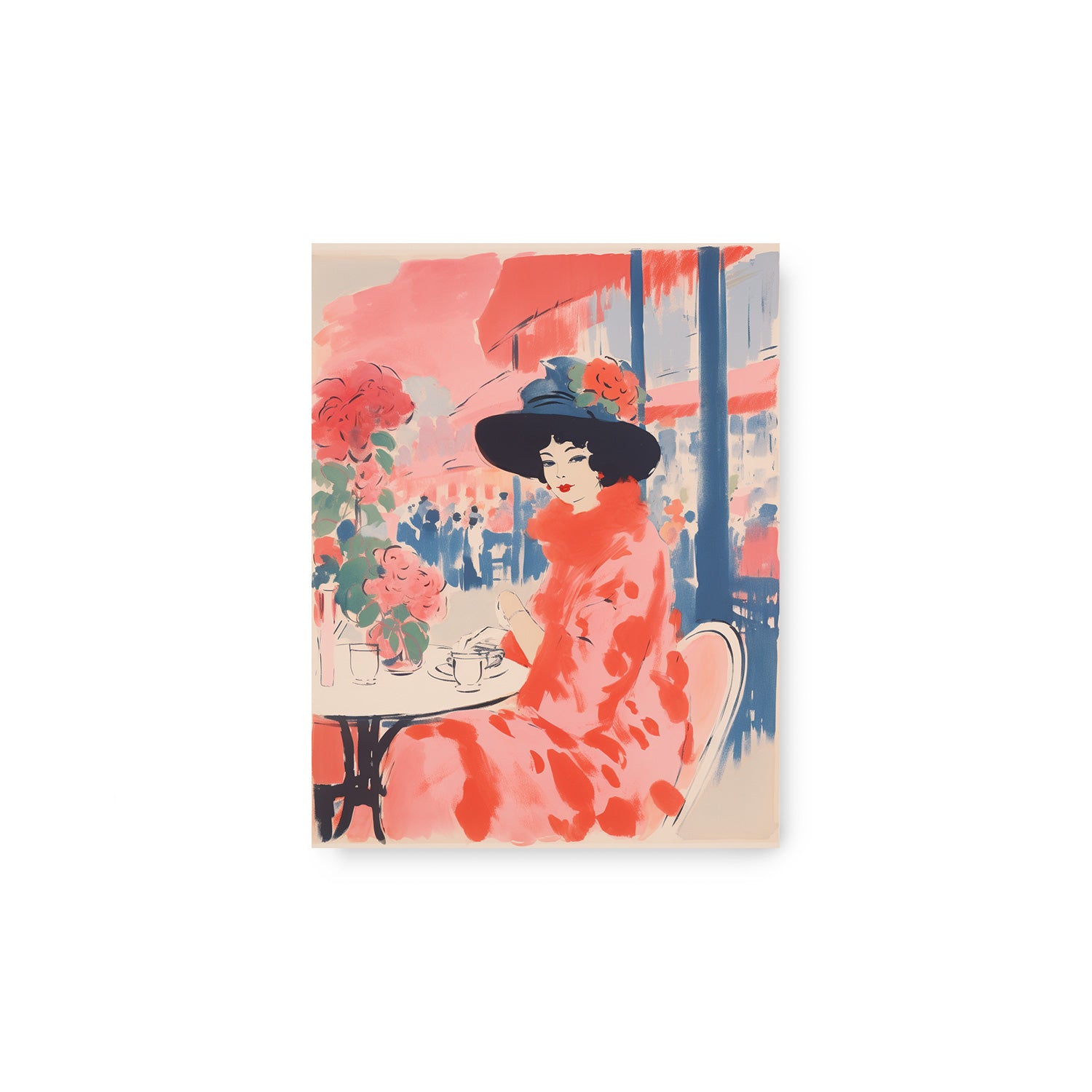 A painting of a woman in a hat sitting at a table, available as The Brunch by Stannie & Lloyd art print.