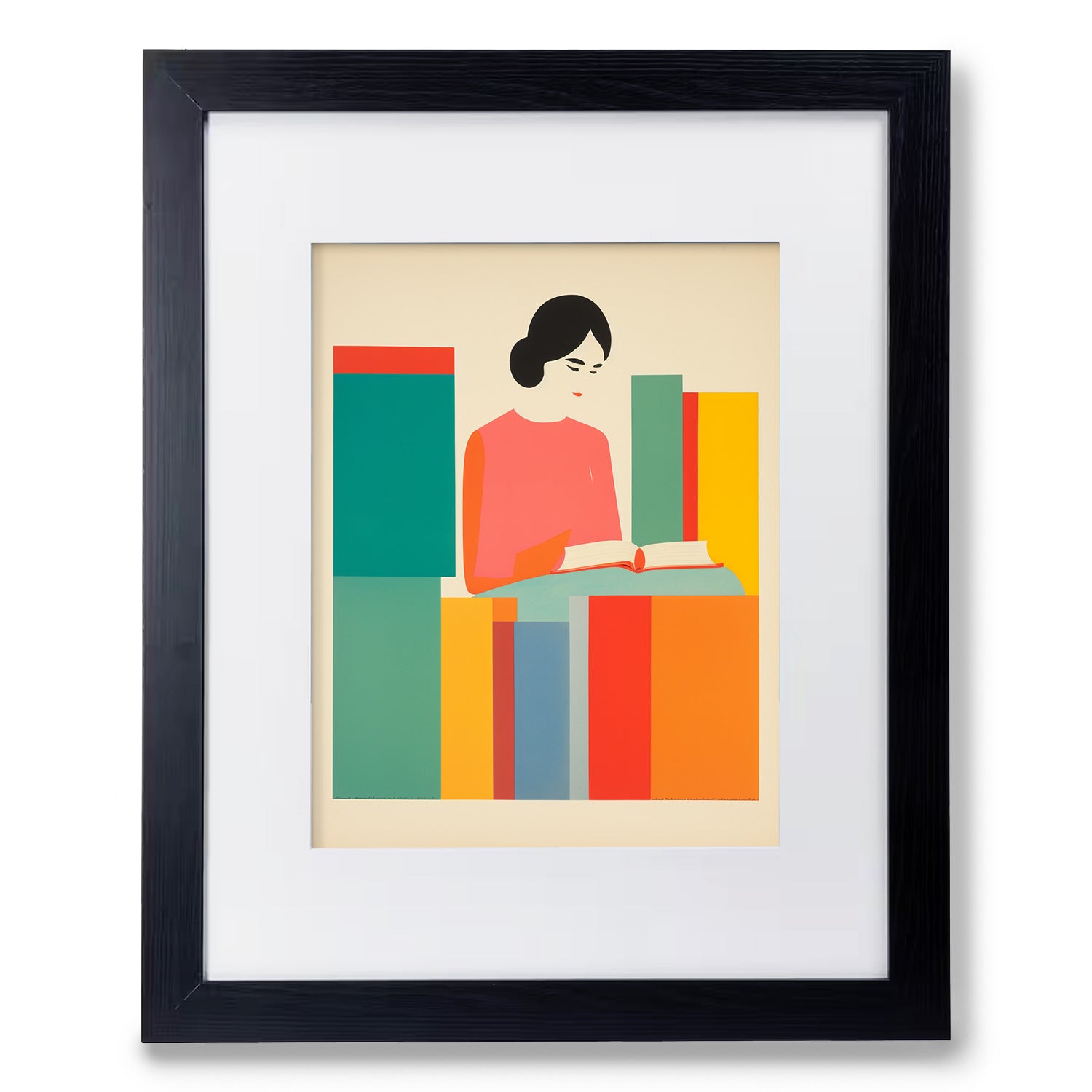 A vintage framed print of "My Favorite Place No.2" by Stannie & Lloyd, featuring a woman reading a book.