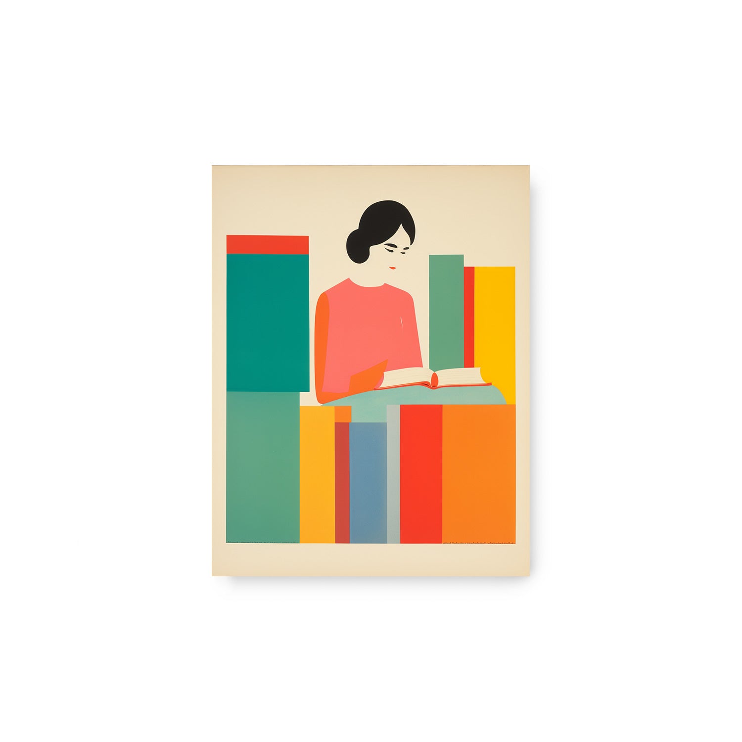 Vintage poster: A woman reading a book on a stack of books in the Stannie & Lloyd "My Favorite Place No.2" vintage poster.