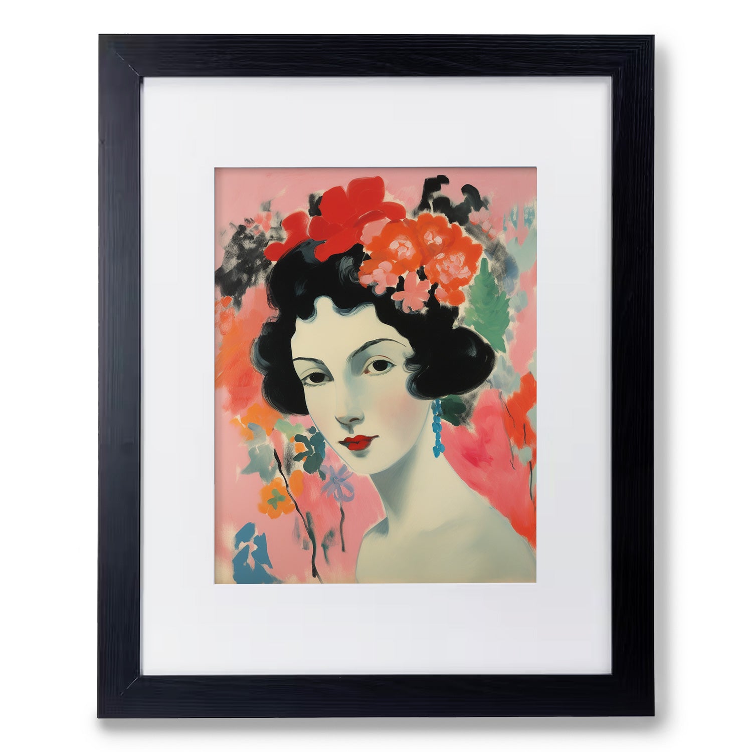 Transform your living room with a stunning framed art print of "In the Moment" by Stannie & Lloyd, showcasing a woman adorned with beautiful flowers in her hair. Perfect for adding a touch of elegance and charm to any space, this piece of wall art will surely enhance your décor.