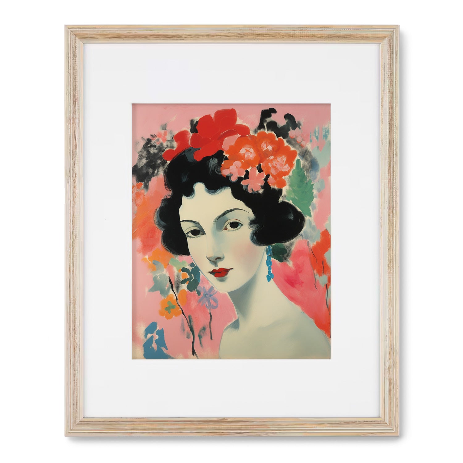 A stunning "In the Moment" art print by Stannie & Lloyd, of a woman with flowers in her hair, perfect for adding beauty to any living room wall.