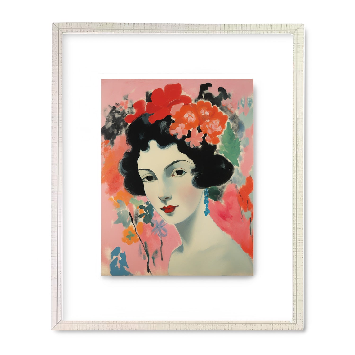 An exquisite "In the Moment" wall art portrait of a woman adorned with flowers in her hair, perfect for decorating your living room with an artistic touch by Stannie & Lloyd brand.