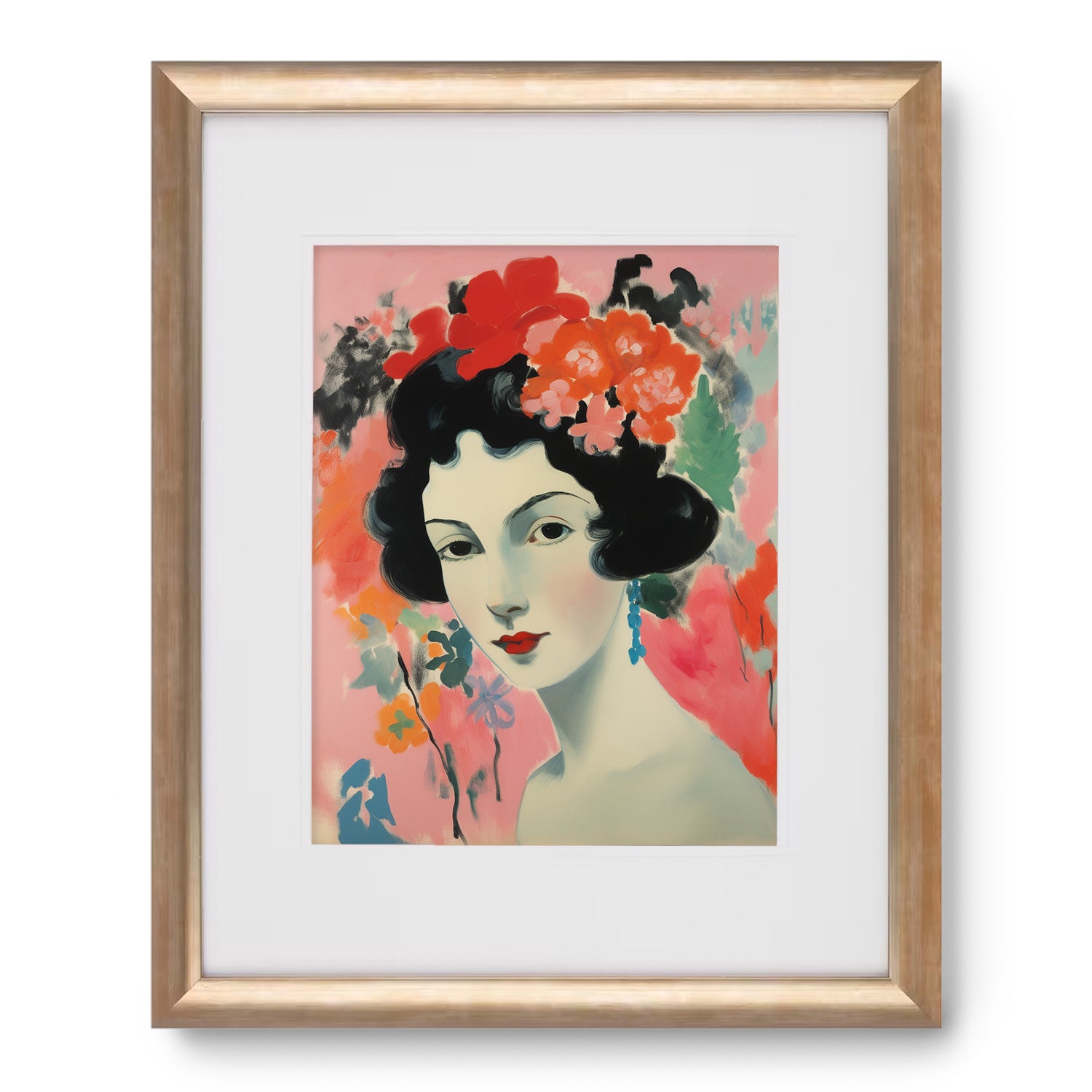 A beautiful In the Moment art print by Stannie & Lloyd featuring a woman adorned with flowers in her hair, perfect for adding artistic charm to your walls.