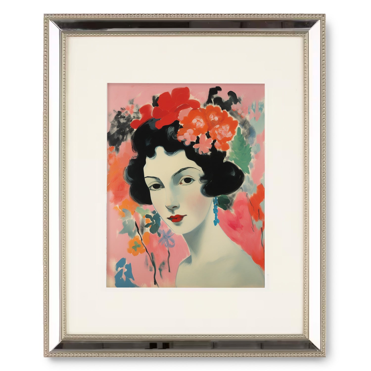 Enhance your living room with a stunning framed print of a woman adorned with elegant flowers in her hair - the In the Moment framed print from Stannie & Lloyd, the perfect wall art to add beauty to your walls.