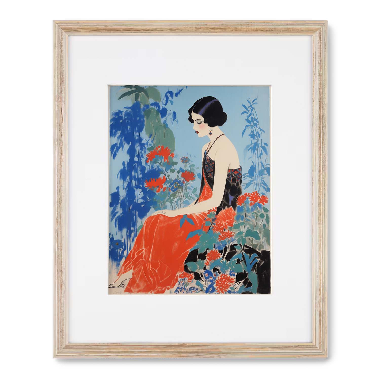 Wander Down the Lane art deco style wall art prints of a seated woman in a gown amidst floral backdrop, framed in an elegant wooden frame by Stannie & Lloyd.