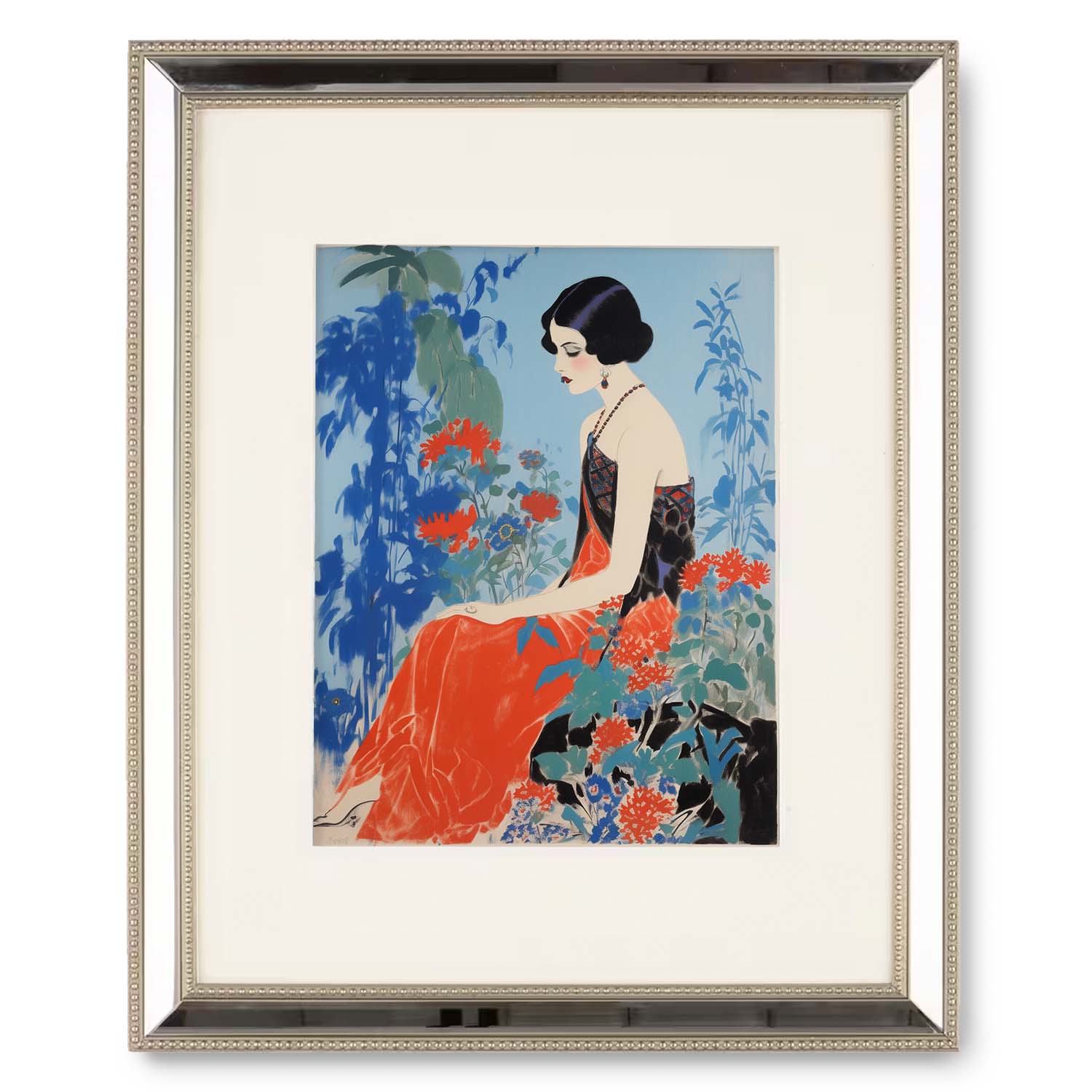 A Wander Down the Lane framed vintage poster depicting a woman in a red dress sitting beside lush florals by Stannie & Lloyd.