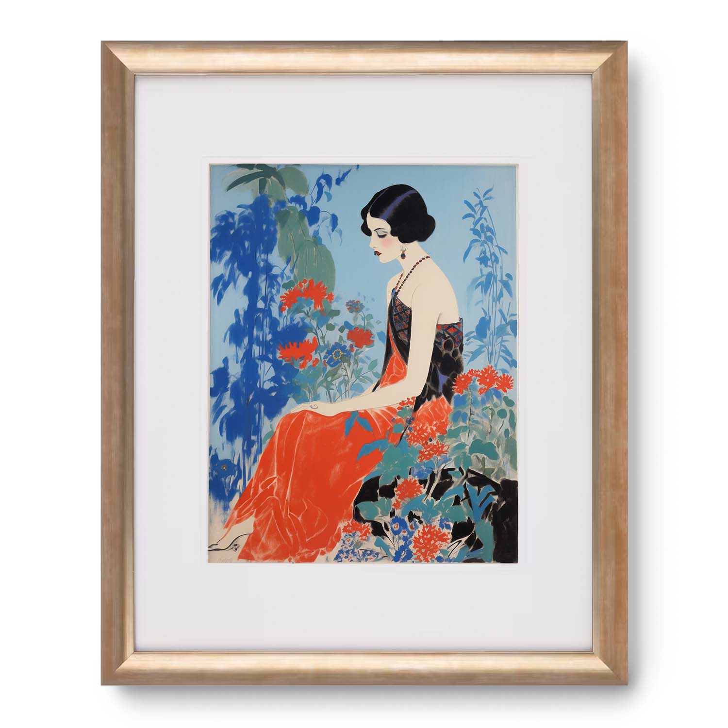 Framed Wander Down the Lane vintage poster of a stylized woman sitting among flowers and plants by Stannie & Lloyd.